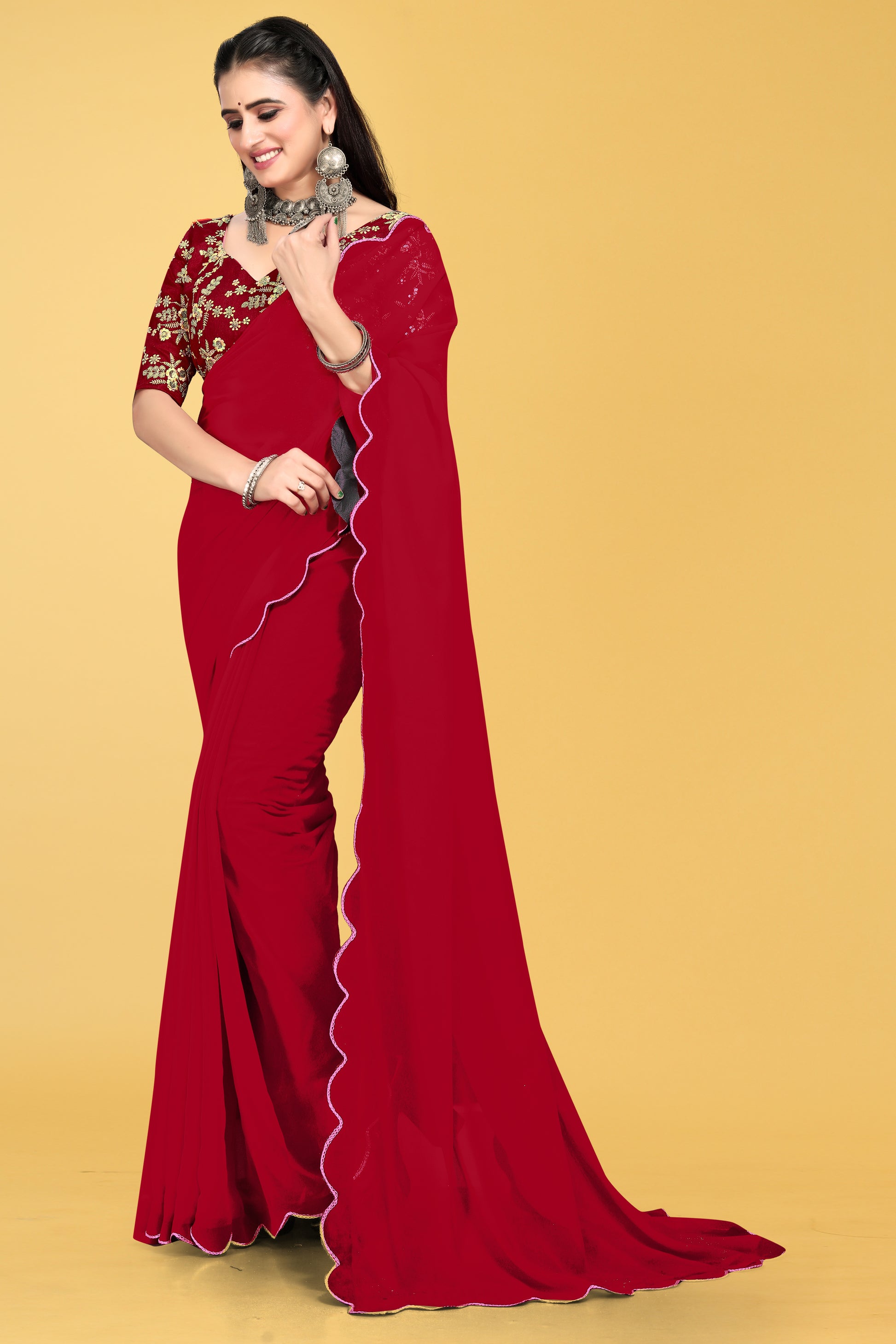 Saree with Scalloped Border and Embroidered Blouse – Avirat Designer Studio