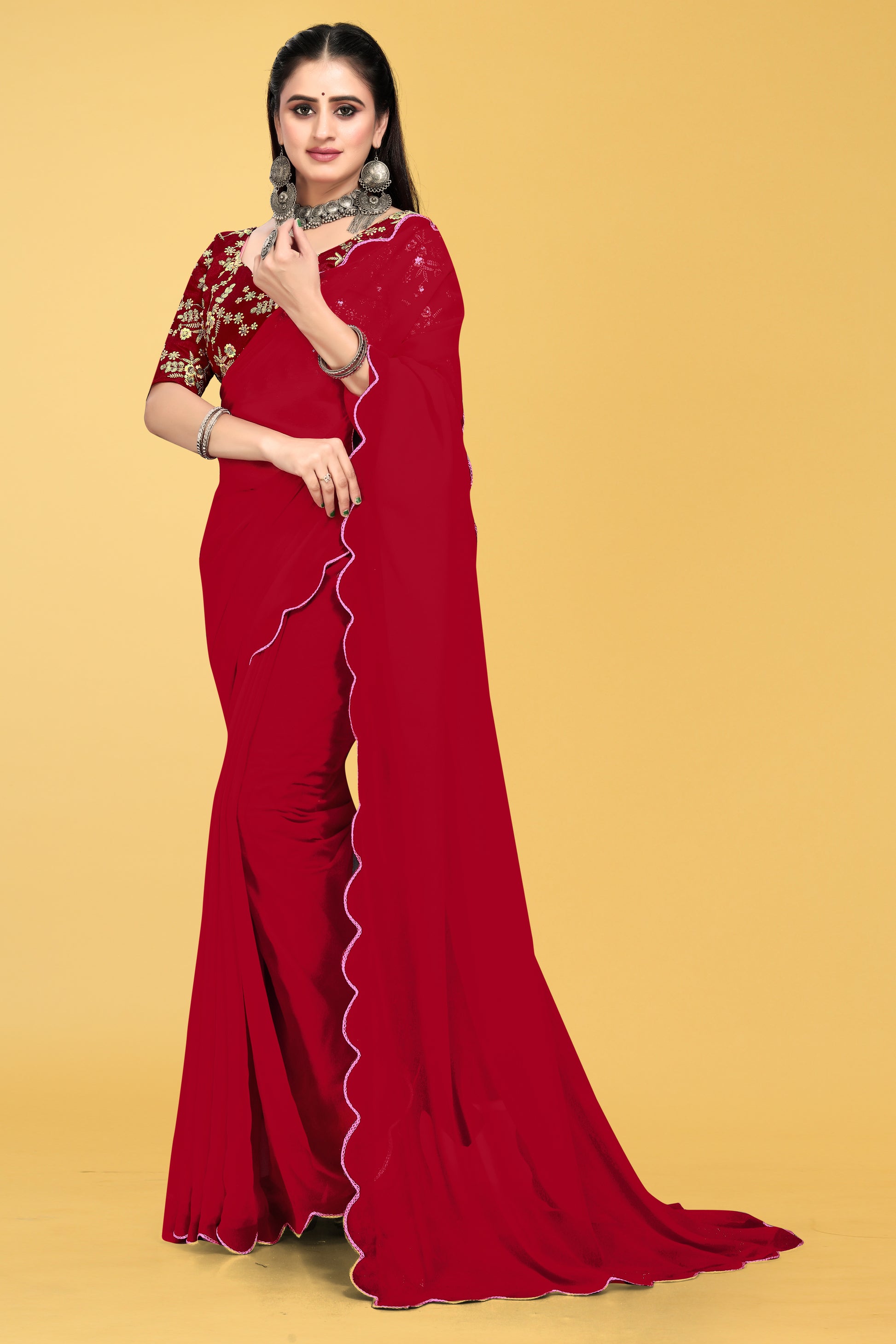 Saree with Scalloped Border and Embroidered Blouse – Avirat Designer Studio