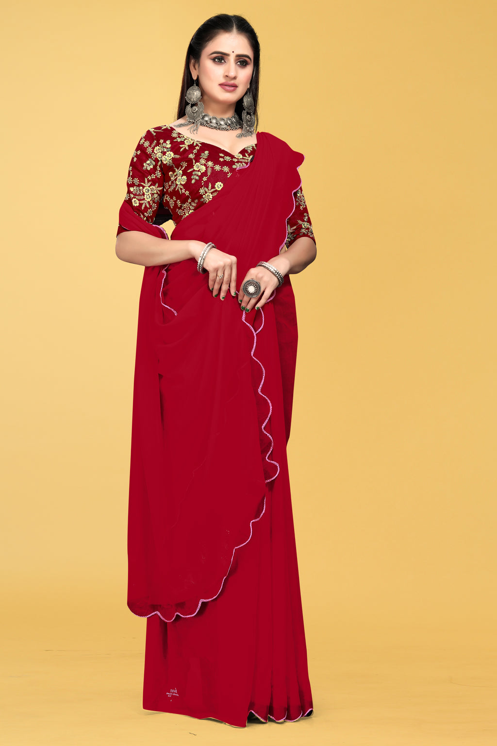 Saree with Scalloped Border and Embroidered Blouse – Avirat Designer Studio