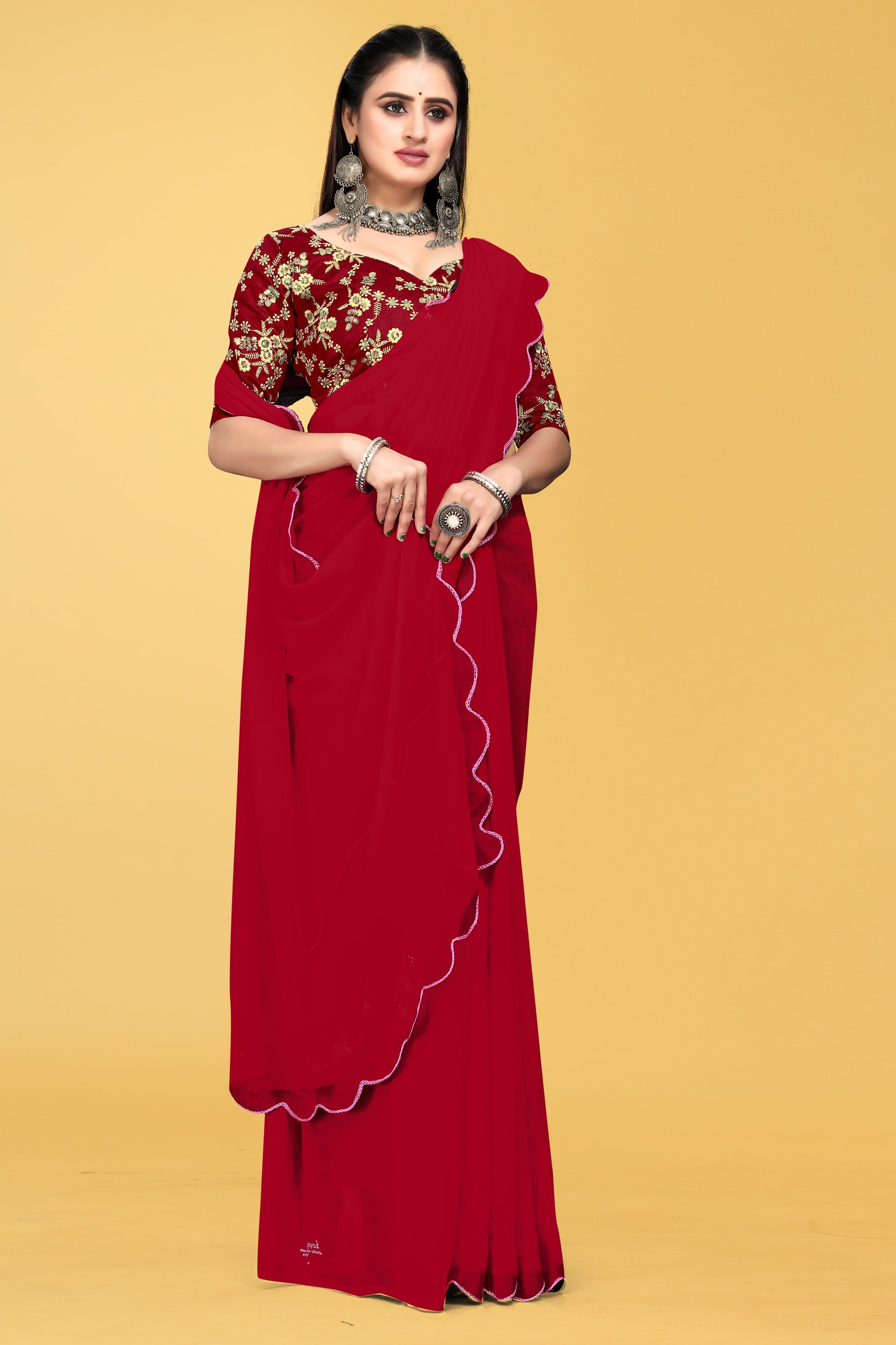 Saree with Scalloped Border and Embroidered Blouse – Avirat Designer Studio