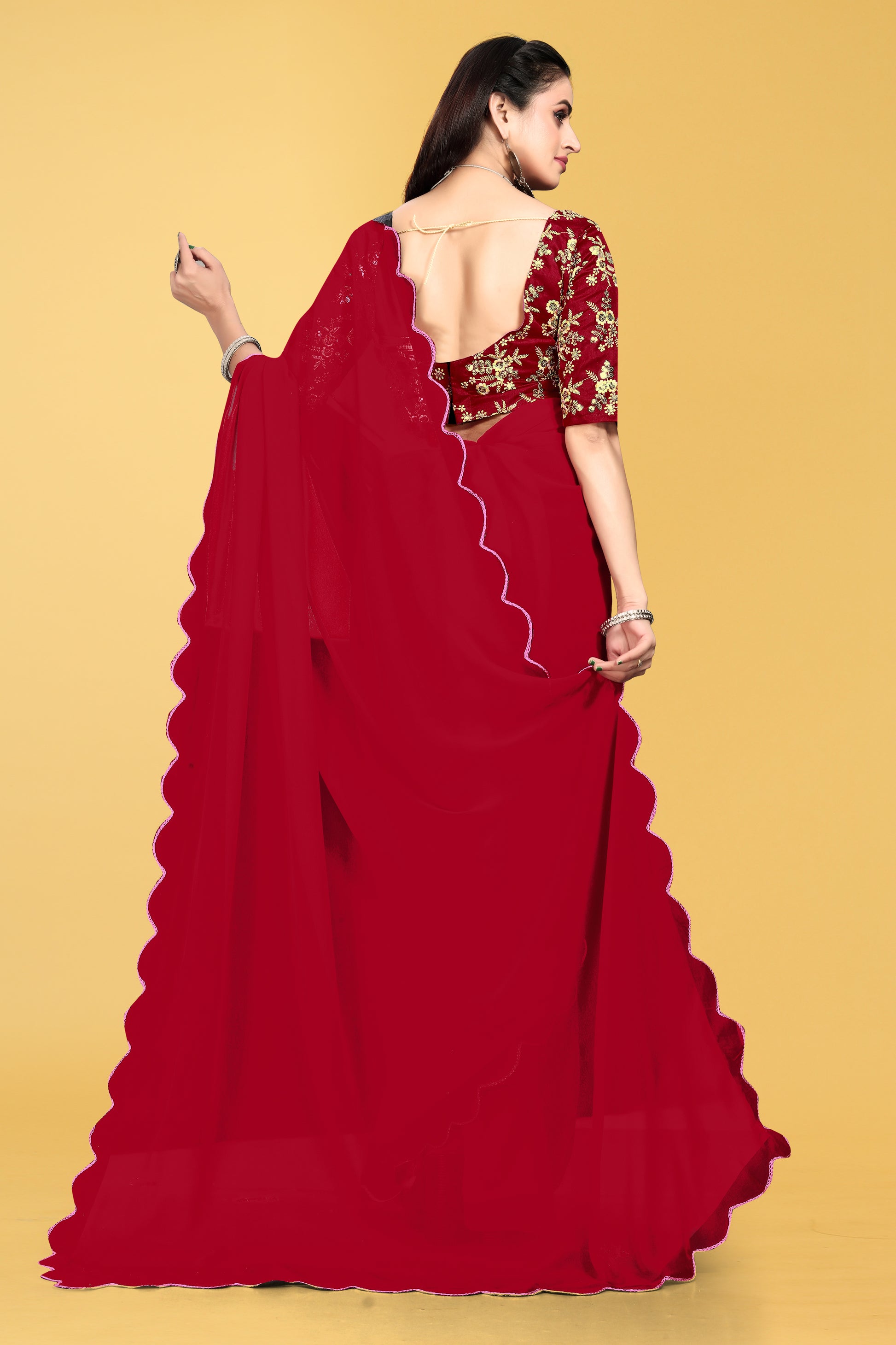 Saree with Scalloped Border and Embroidered Blouse – Avirat Designer Studio