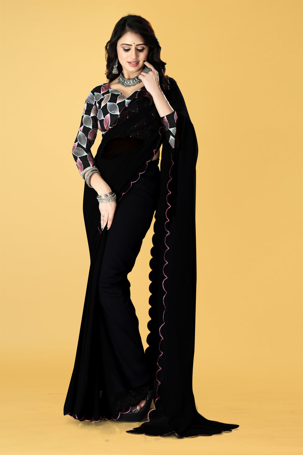 Designer Saree with Embroidered Leaf Motif Blouse and Scalloped Border – Avirat Designer Studio