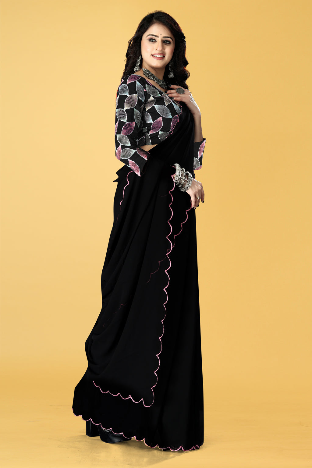 Designer Saree with Embroidered Leaf Motif Blouse and Scalloped Border – Avirat Designer Studio