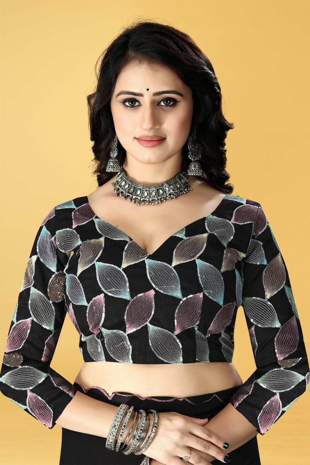 Designer Saree with Embroidered Leaf Motif Blouse and Scalloped Border – Avirat Designer Studio