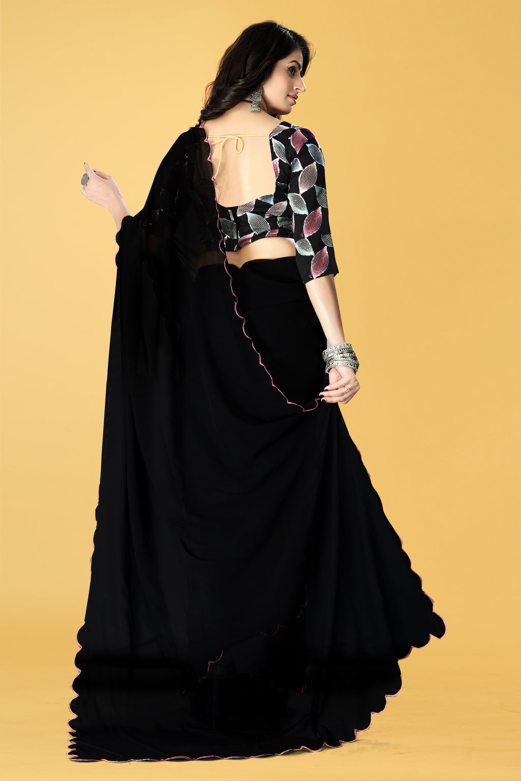 Designer Saree with Embroidered Leaf Motif Blouse and Scalloped Border – Avirat Designer Studio