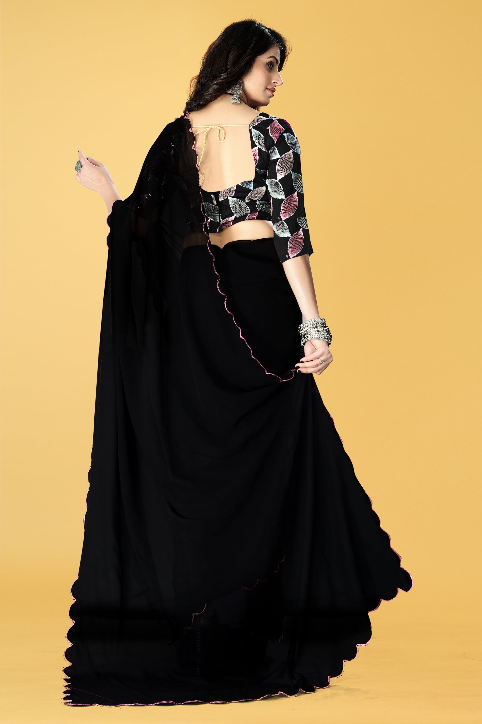 Designer Saree with Embroidered Leaf Motif Blouse and Scalloped Border – Avirat Designer Studio