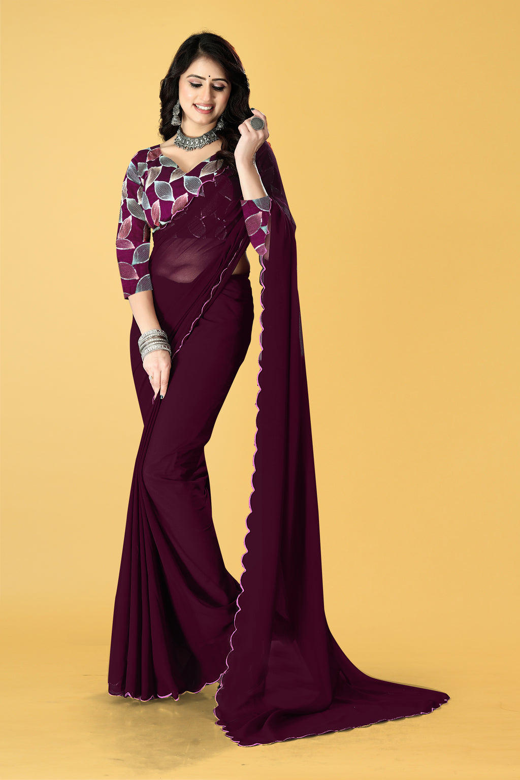 Designer Saree with Embroidered Leaf Motif Blouse and Scalloped Border – Avirat Designer Studio