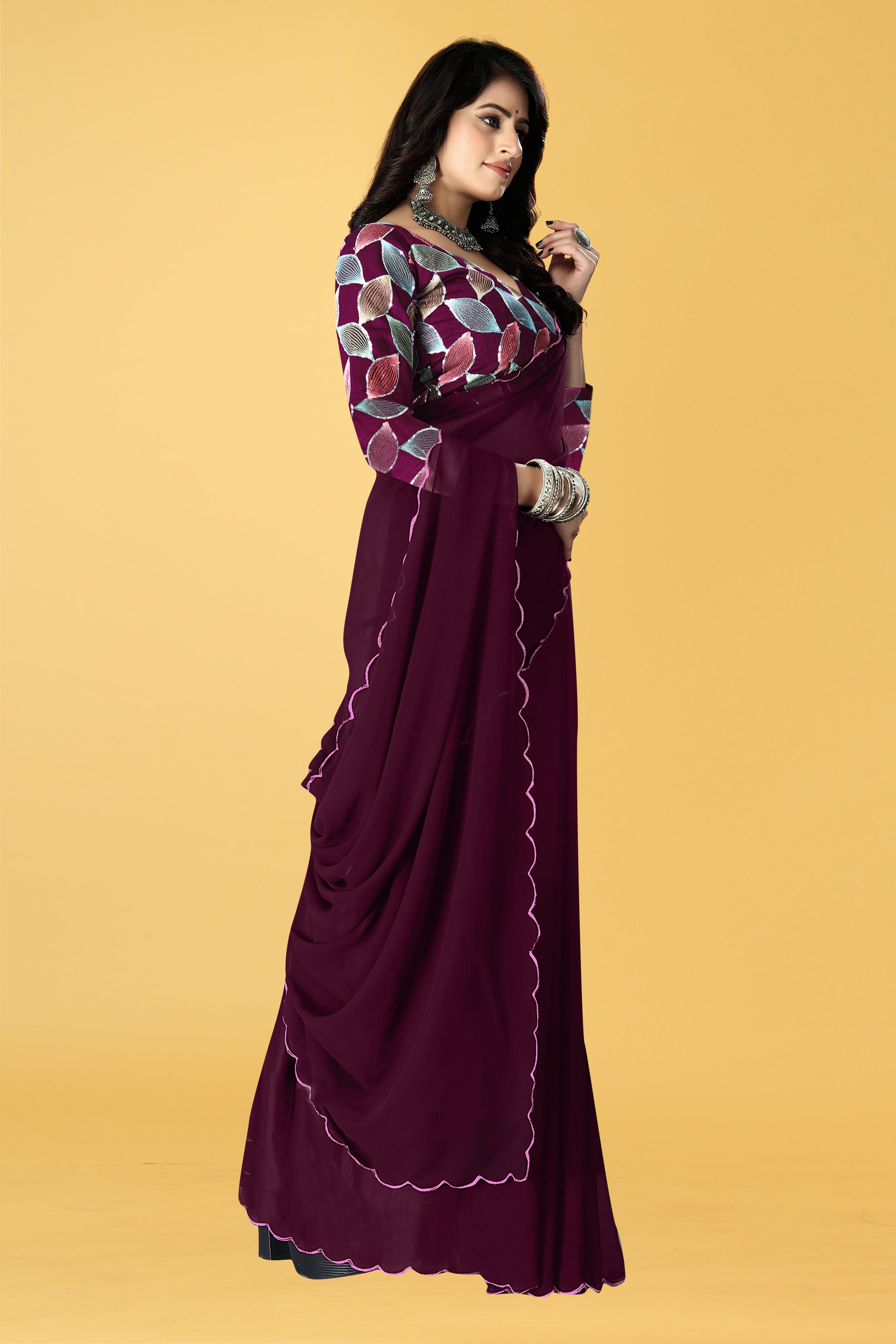 Designer Saree with Embroidered Leaf Motif Blouse and Scalloped Border – Avirat Designer Studio