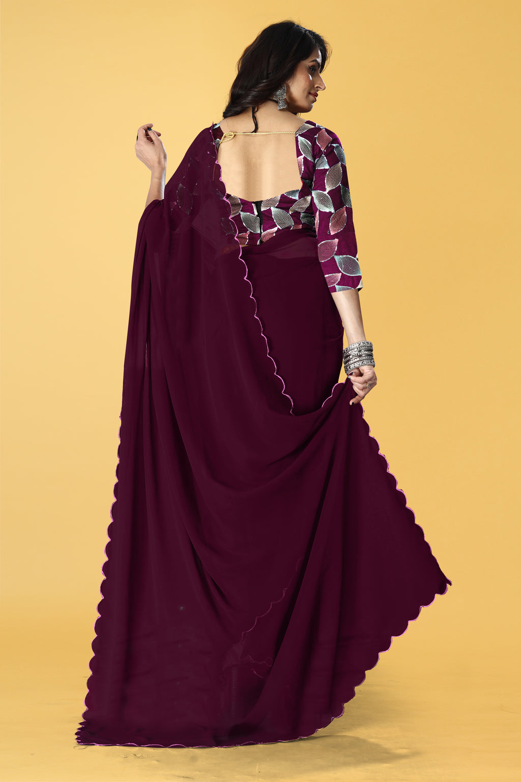 Designer Saree with Embroidered Leaf Motif Blouse and Scalloped Border – Avirat Designer Studio
