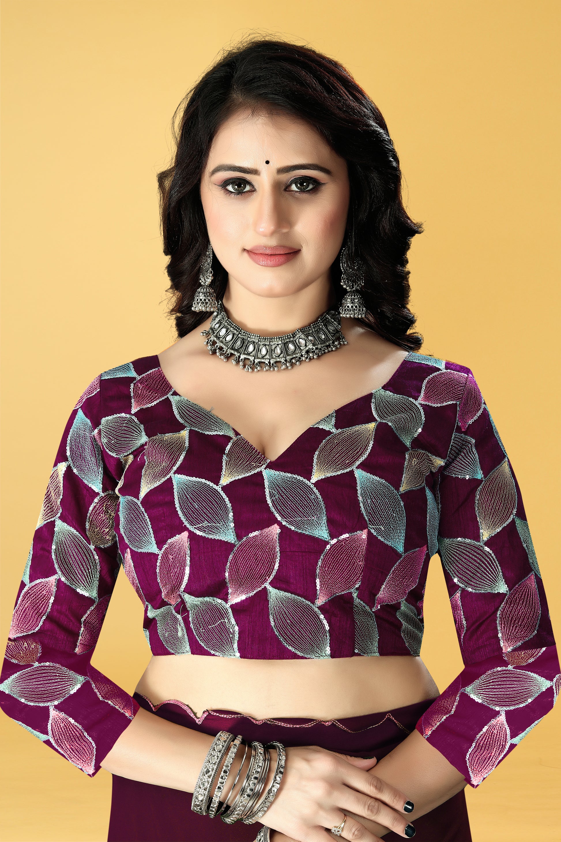 Designer Saree with Embroidered Leaf Motif Blouse and Scalloped Border – Avirat Designer Studio