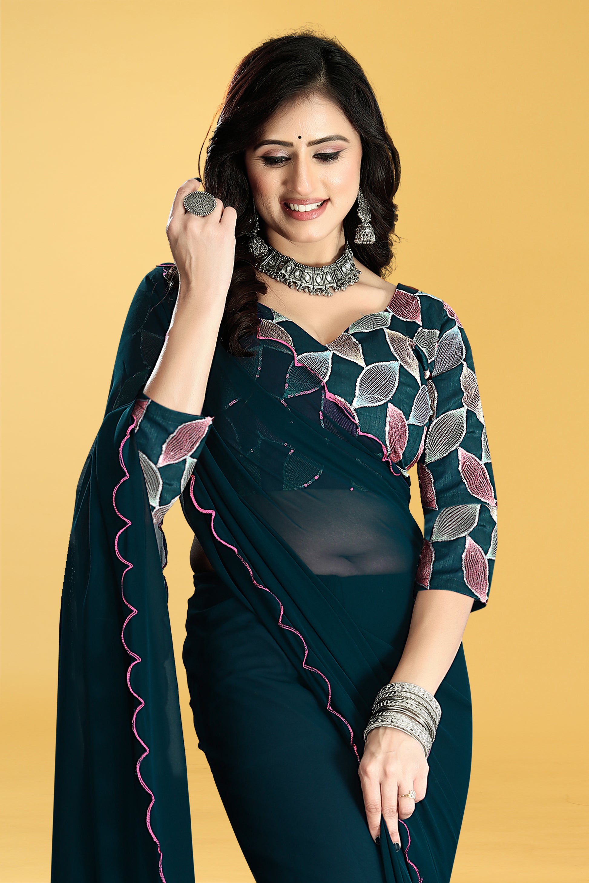 Designer Saree with Embroidered Leaf Motif Blouse and Scalloped Border – Avirat Designer Studio