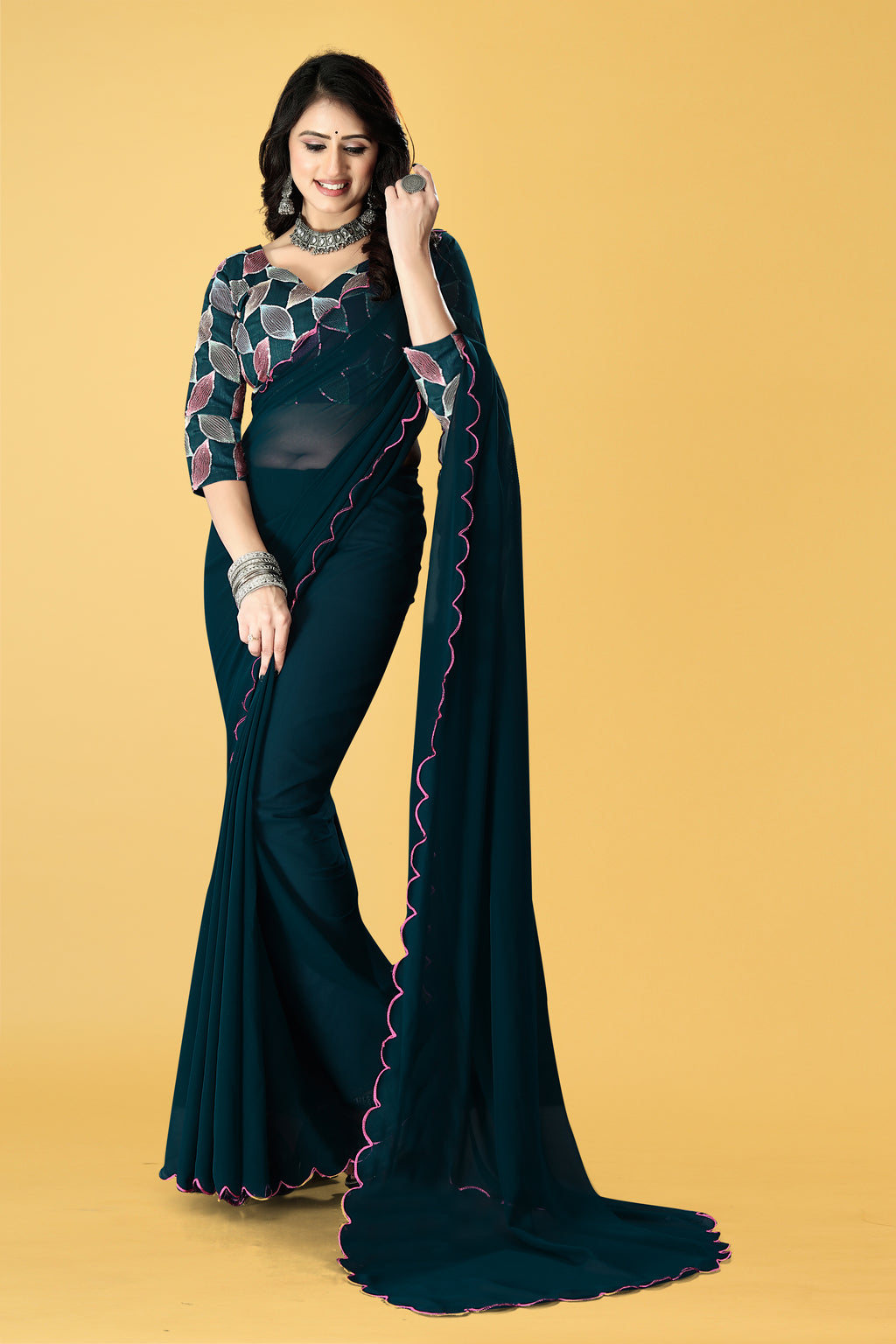Designer Saree with Embroidered Leaf Motif Blouse and Scalloped Border – Avirat Designer Studio