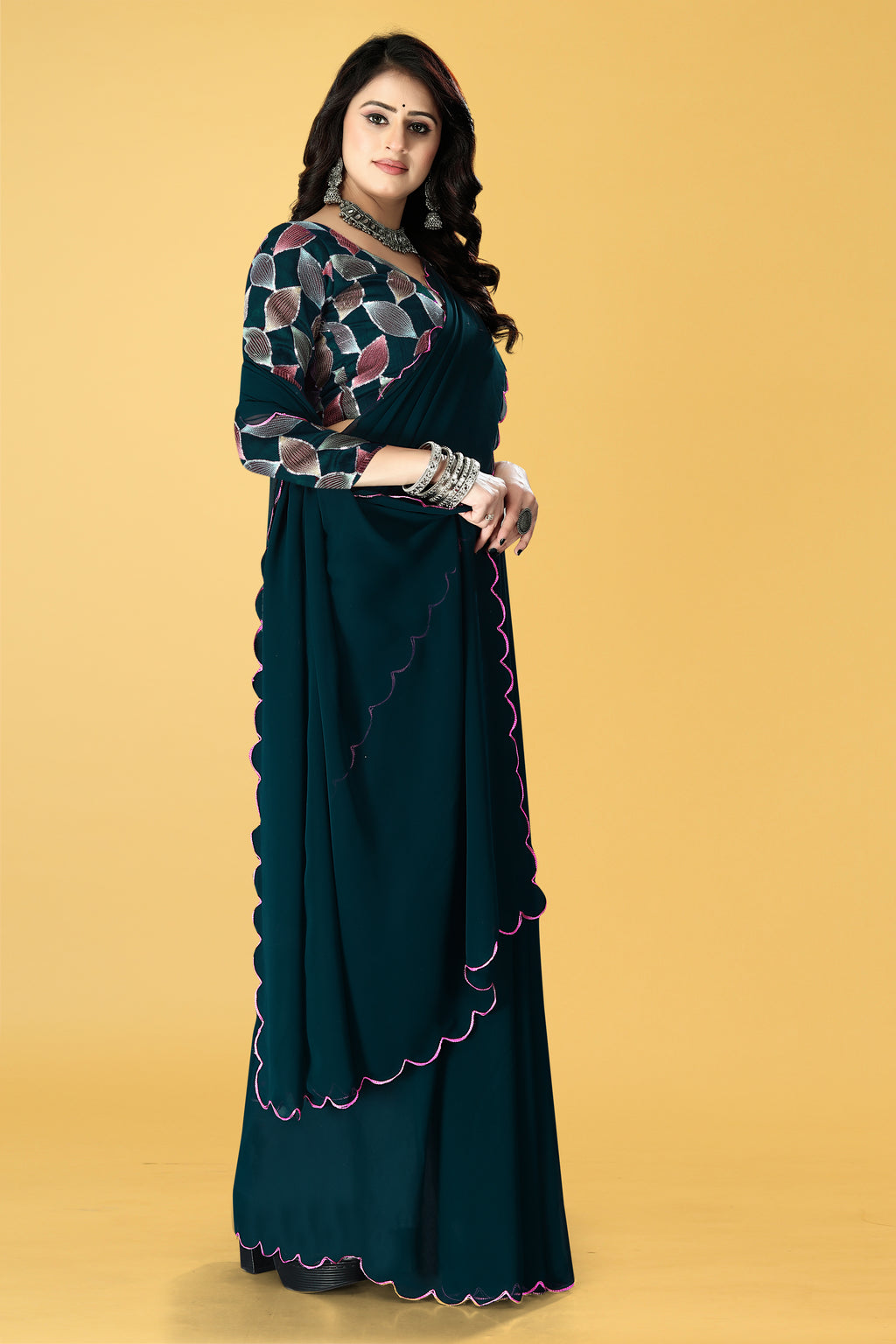 Designer Saree with Embroidered Leaf Motif Blouse and Scalloped Border – Avirat Designer Studio