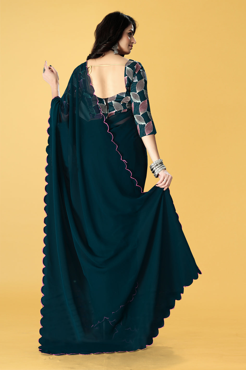 Designer Saree with Embroidered Leaf Motif Blouse and Scalloped Border – Avirat Designer Studio