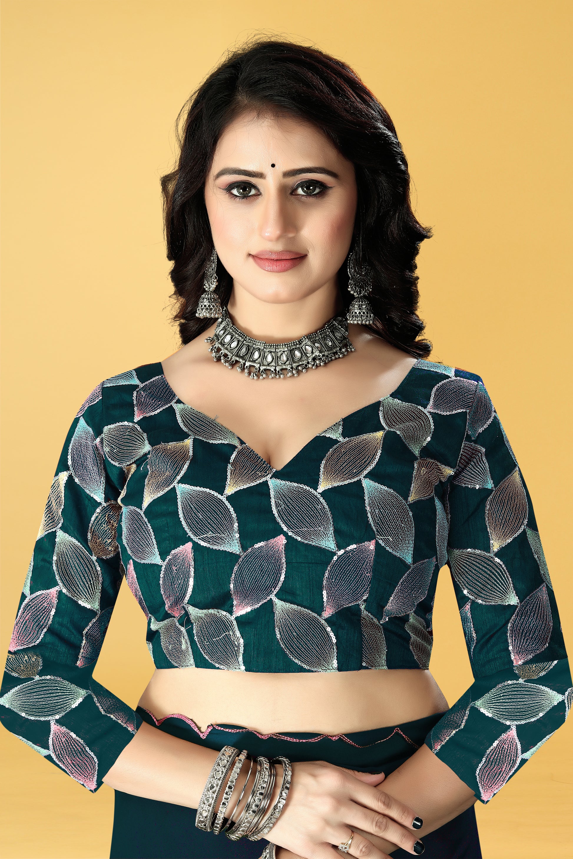 Designer Saree with Embroidered Leaf Motif Blouse and Scalloped Border – Avirat Designer Studio