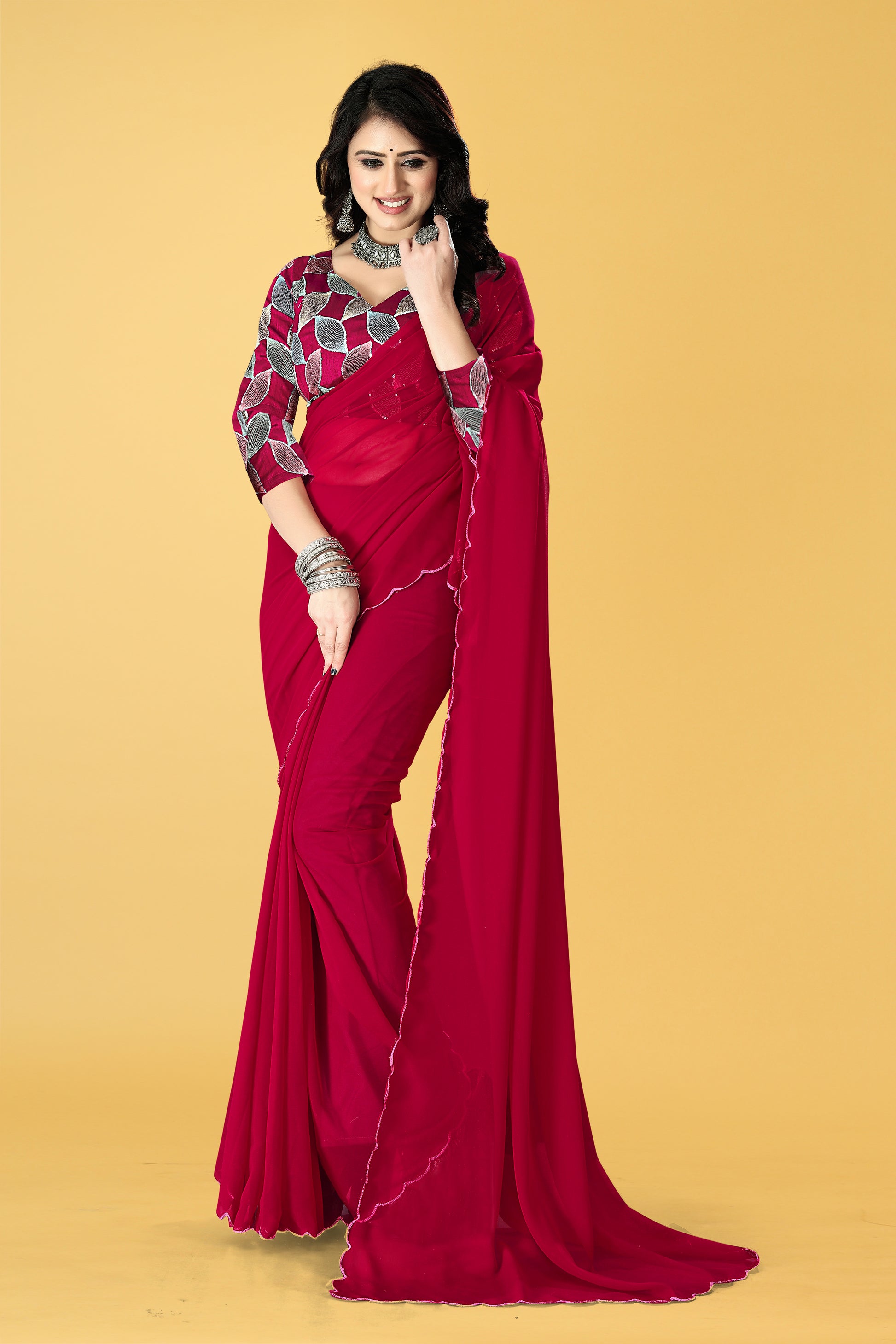 Designer Saree with Embroidered Leaf Motif Blouse and Scalloped Border – Avirat Designer Studio