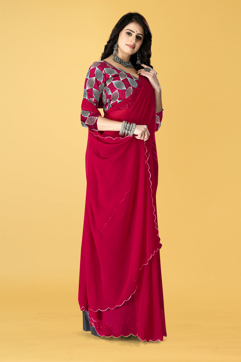 Designer Saree with Embroidered Leaf Motif Blouse and Scalloped Border – Avirat Designer Studio