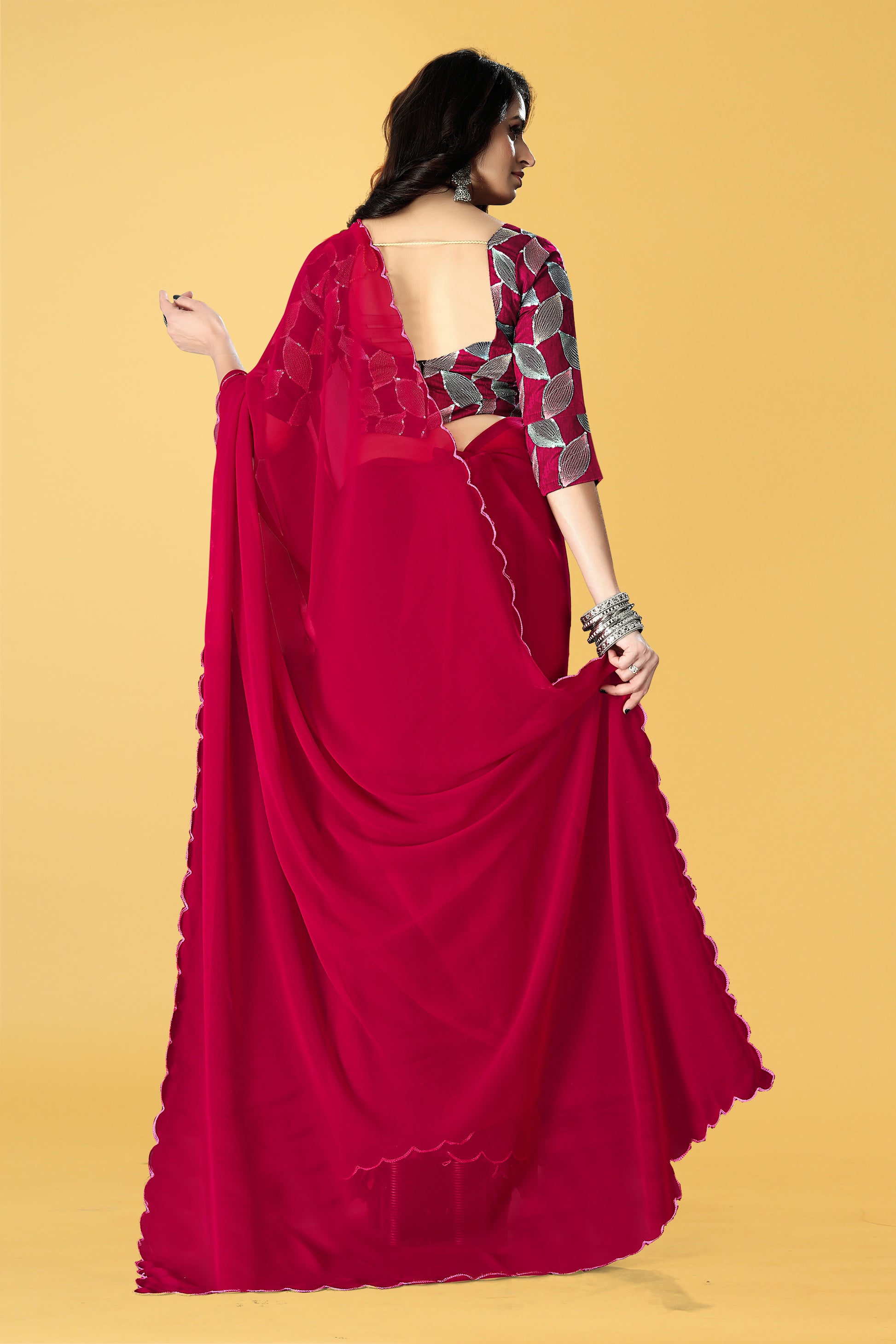 Designer Saree with Embroidered Leaf Motif Blouse and Scalloped Border – Avirat Designer Studio