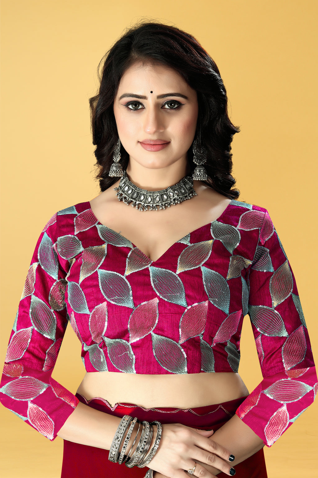 Designer Saree with Embroidered Leaf Motif Blouse and Scalloped Border – Avirat Designer Studio