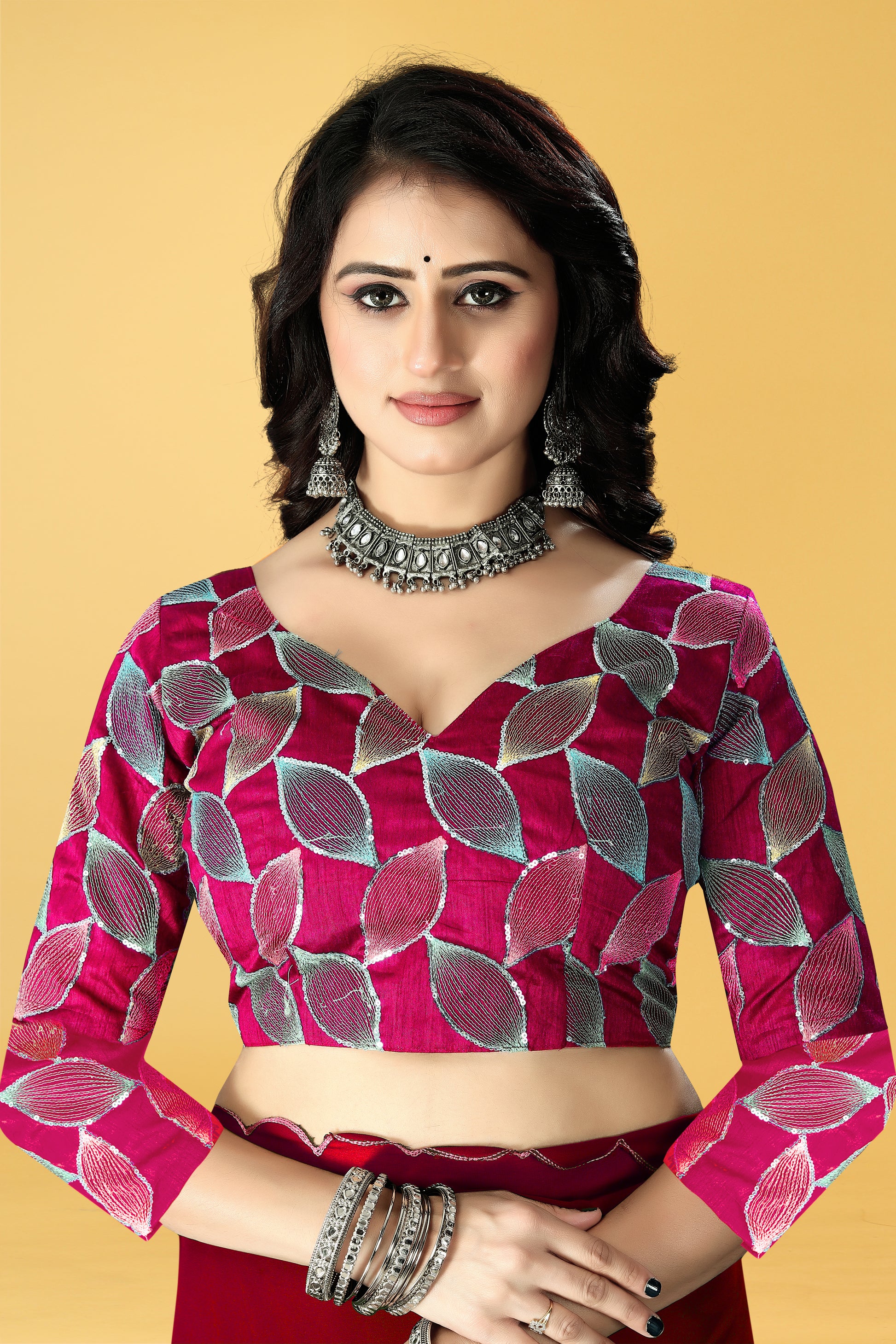 Designer Saree with Embroidered Leaf Motif Blouse and Scalloped Border – Avirat Designer Studio