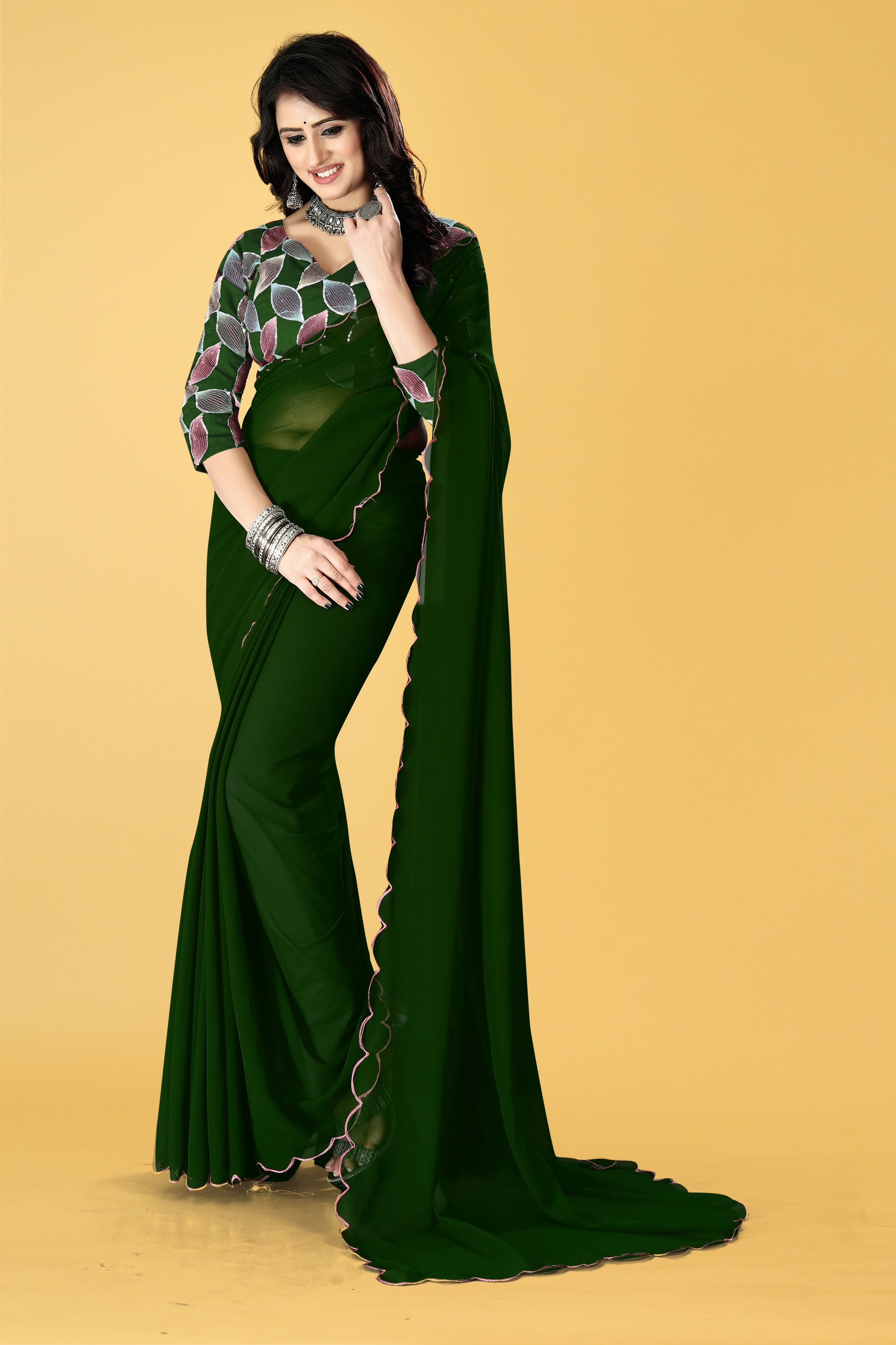 Designer Saree with Embroidered Leaf Motif Blouse and Scalloped Border – Avirat Designer Studio