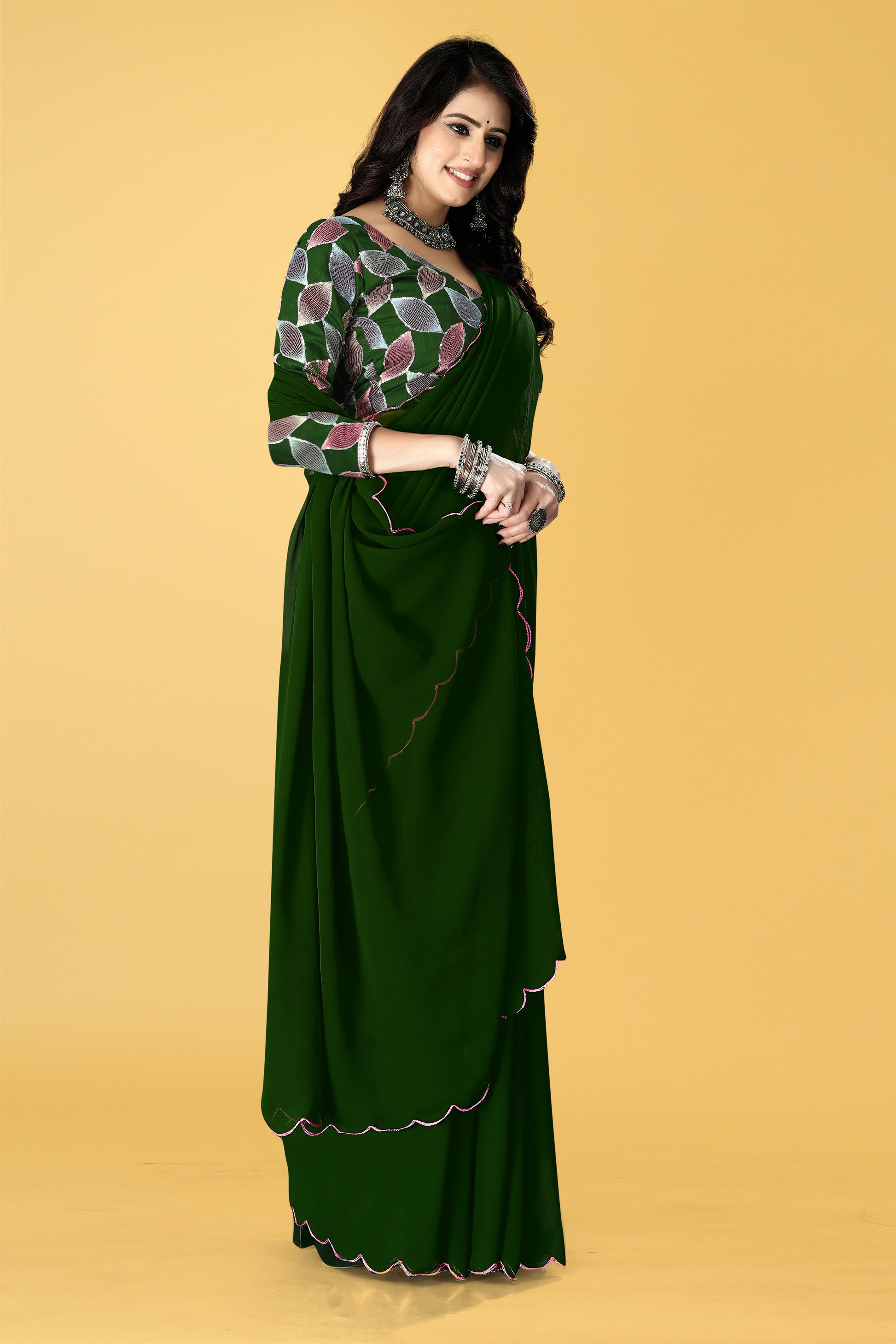 Designer Saree with Embroidered Leaf Motif Blouse and Scalloped Border – Avirat Designer Studio