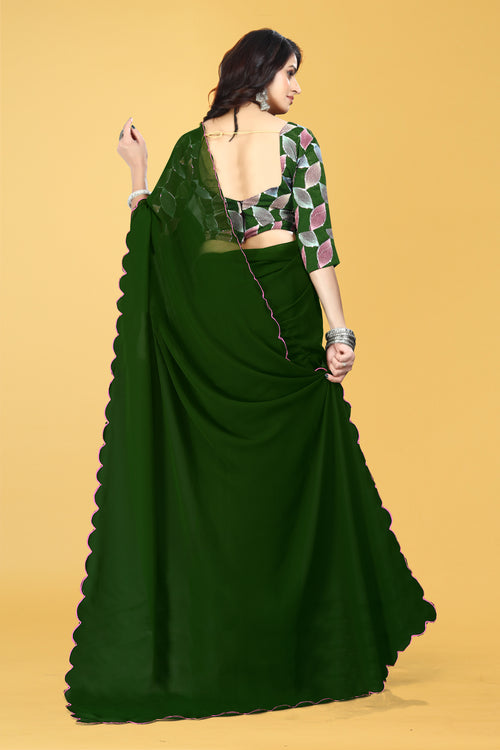 Designer Saree with Embroidered Leaf Motif Blouse and Scalloped Border – Avirat Designer Studio
