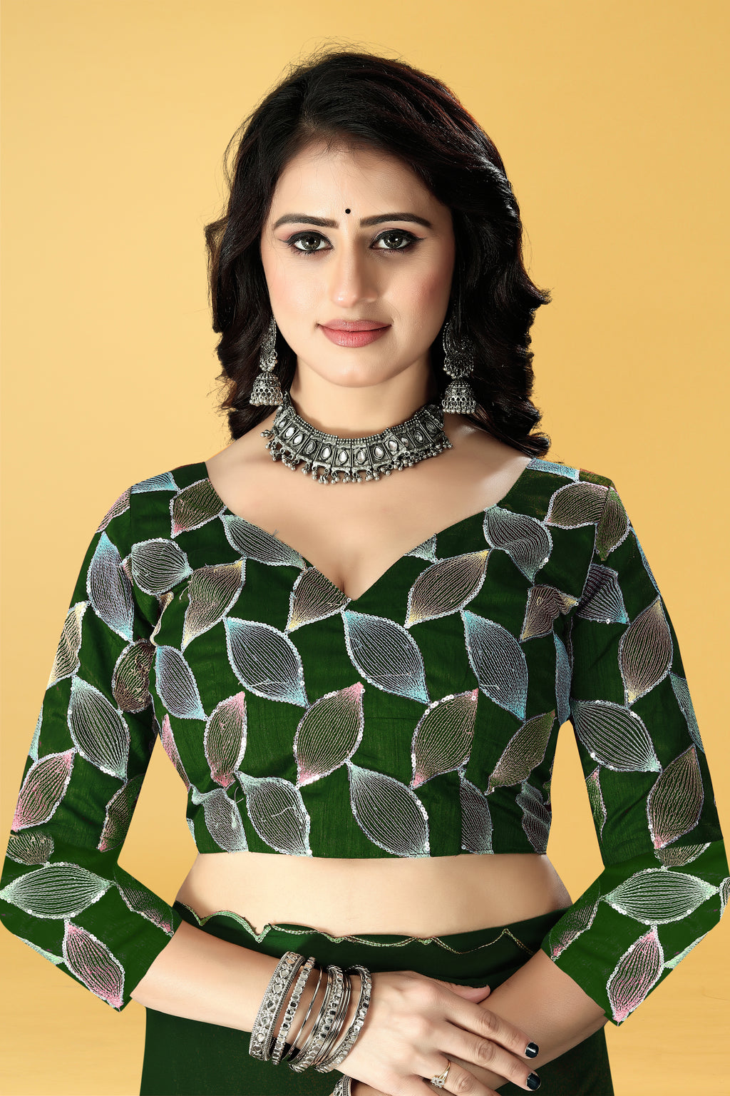 Designer Saree with Embroidered Leaf Motif Blouse and Scalloped Border – Avirat Designer Studio