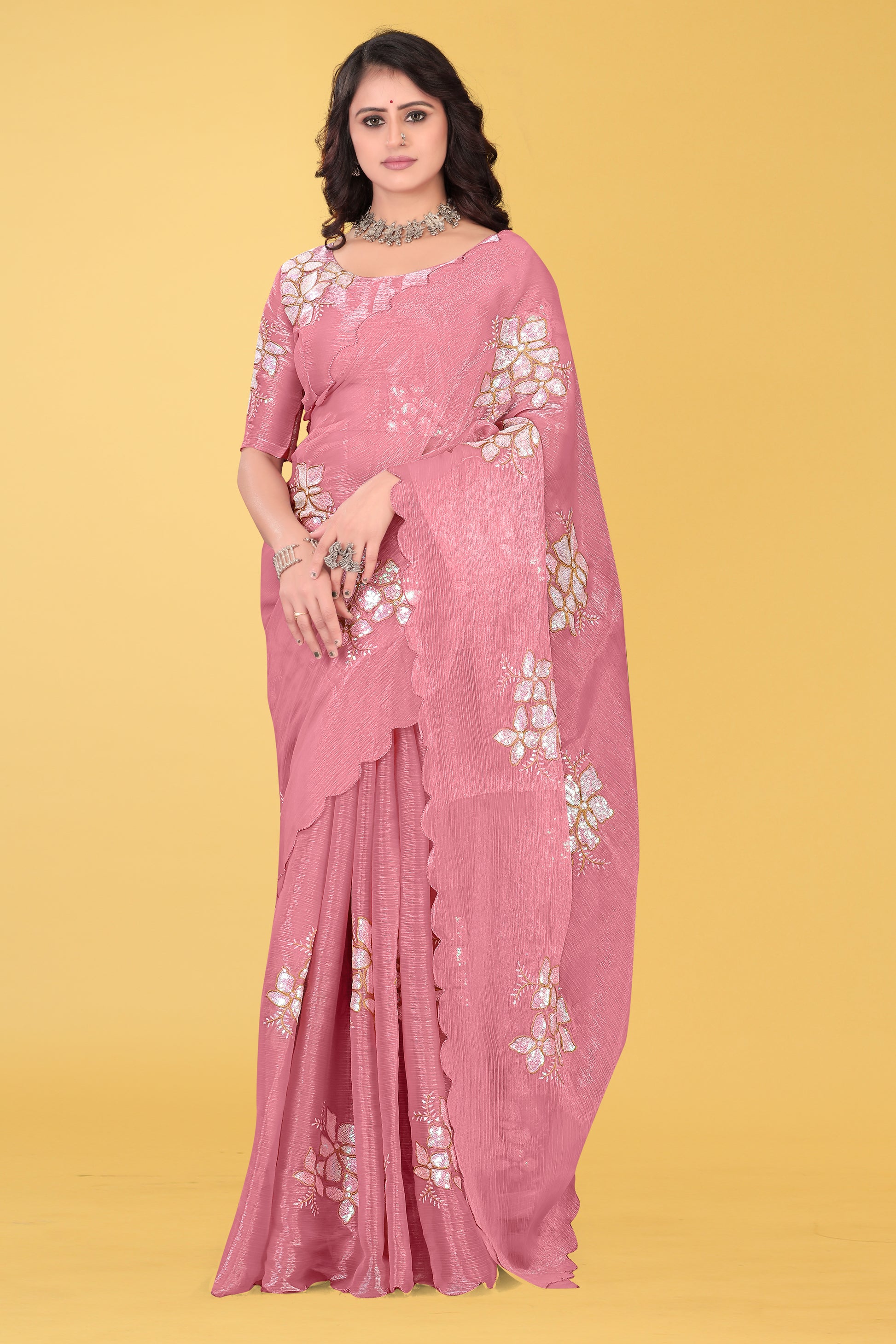 Elegant Flower Embroidered Saree with Unstitched Blouse – Avirat Designer Studio