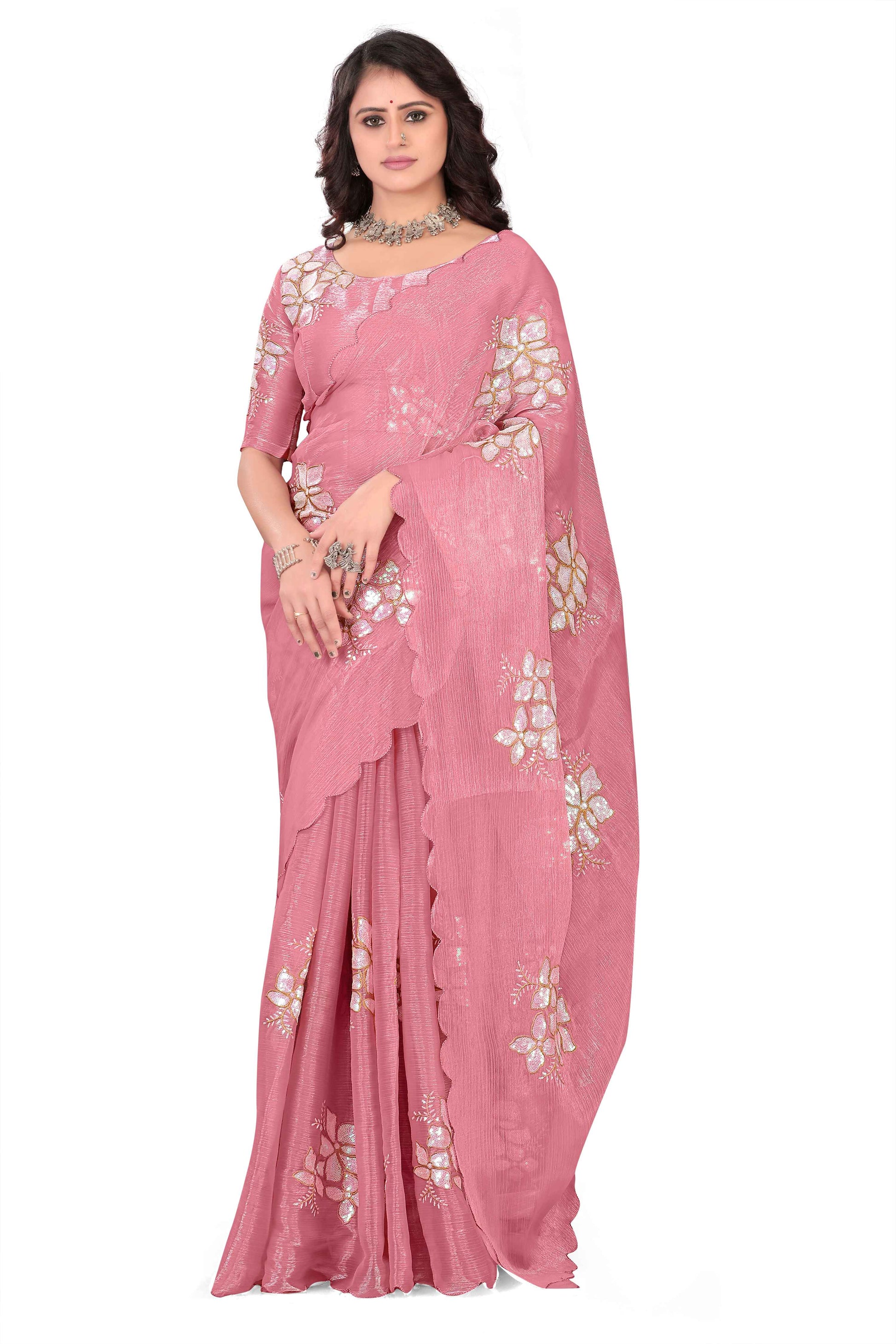 Georgette Saree with Floral Embroidery and Scalloped Border - Light Pink
