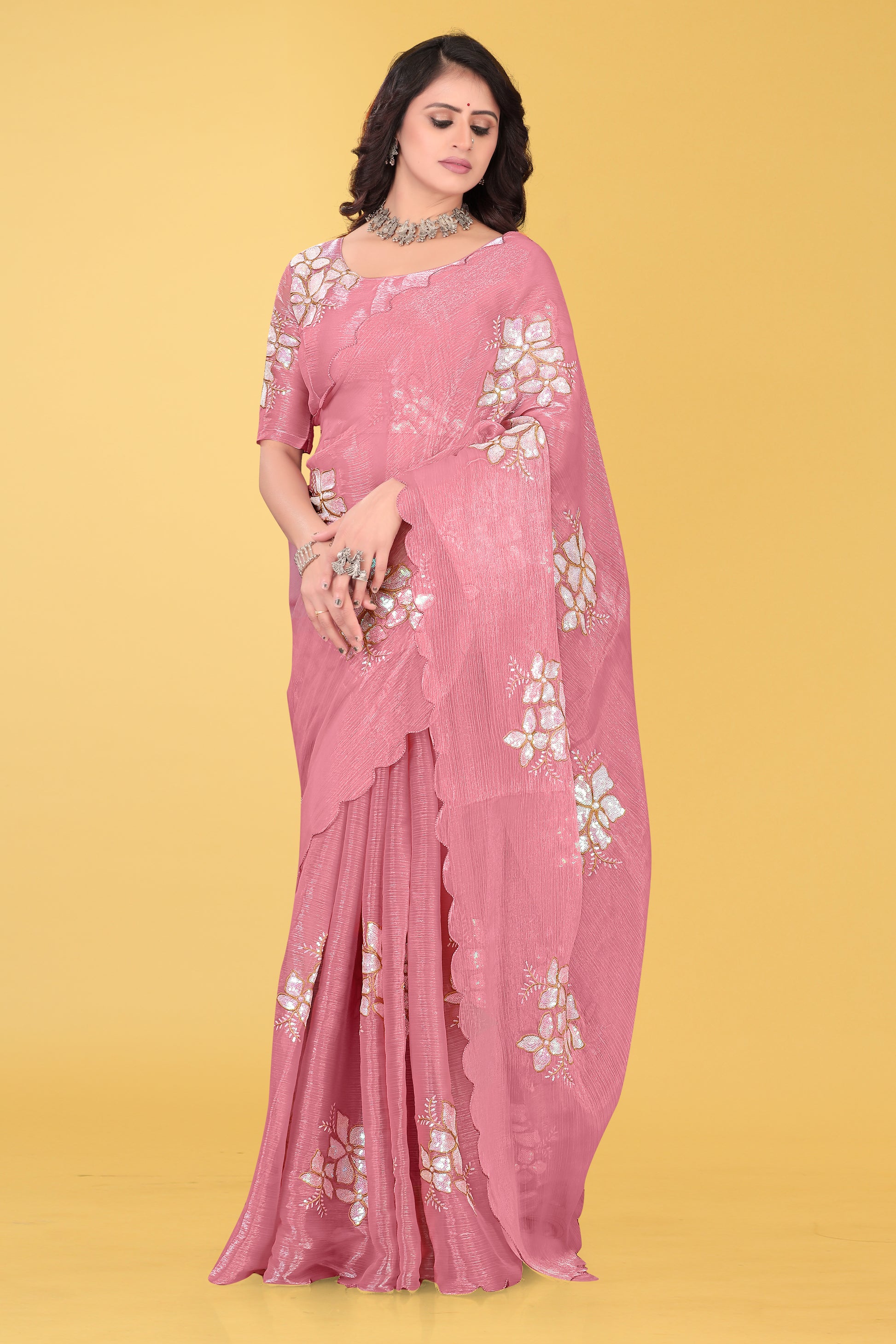 Elegant Flower Embroidered Saree with Unstitched Blouse – Avirat Designer Studio