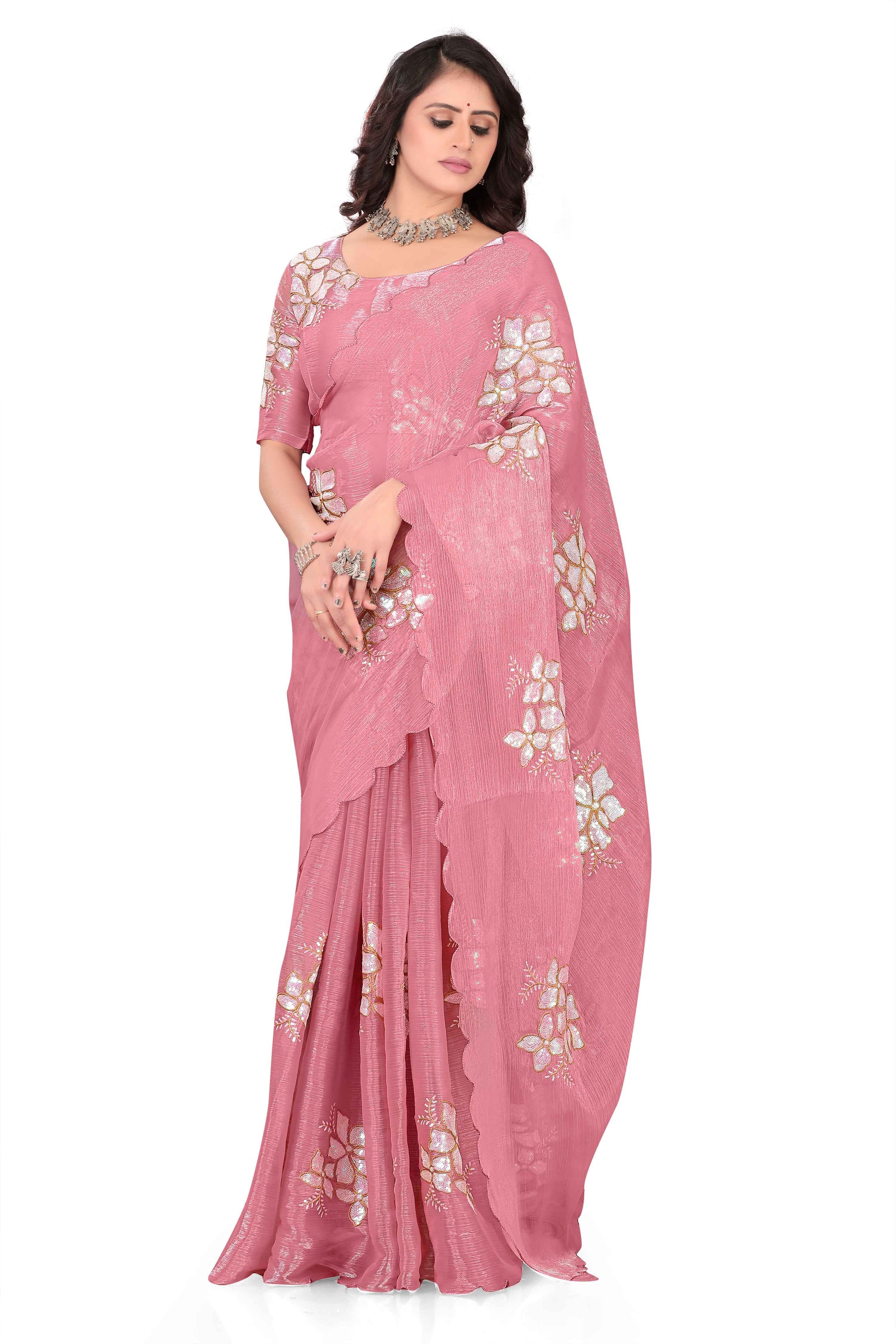 Georgette Saree with Floral Embroidery and Scalloped Border - Light Pink