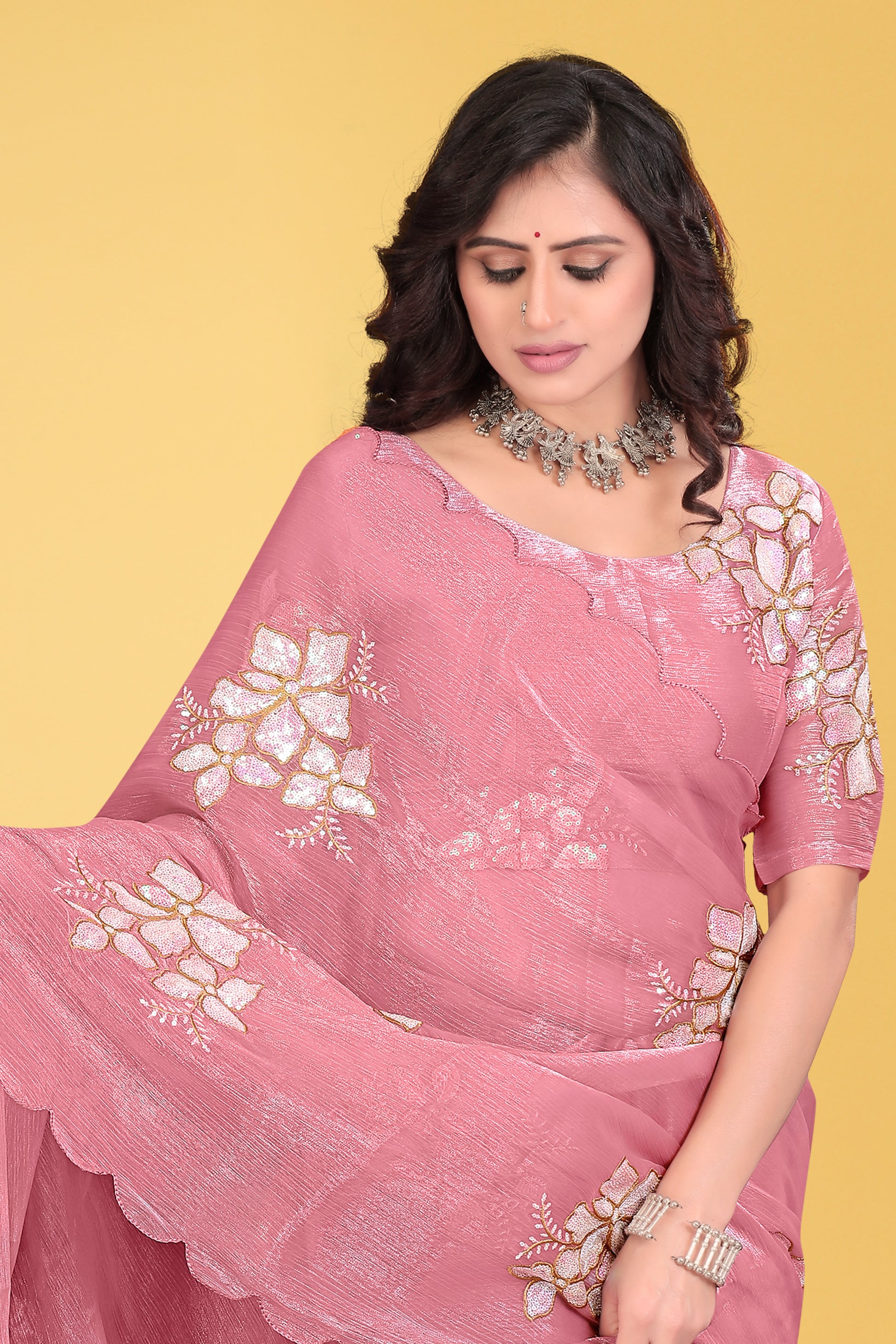 Elegant Flower Embroidered Saree with Unstitched Blouse – Avirat Designer Studio