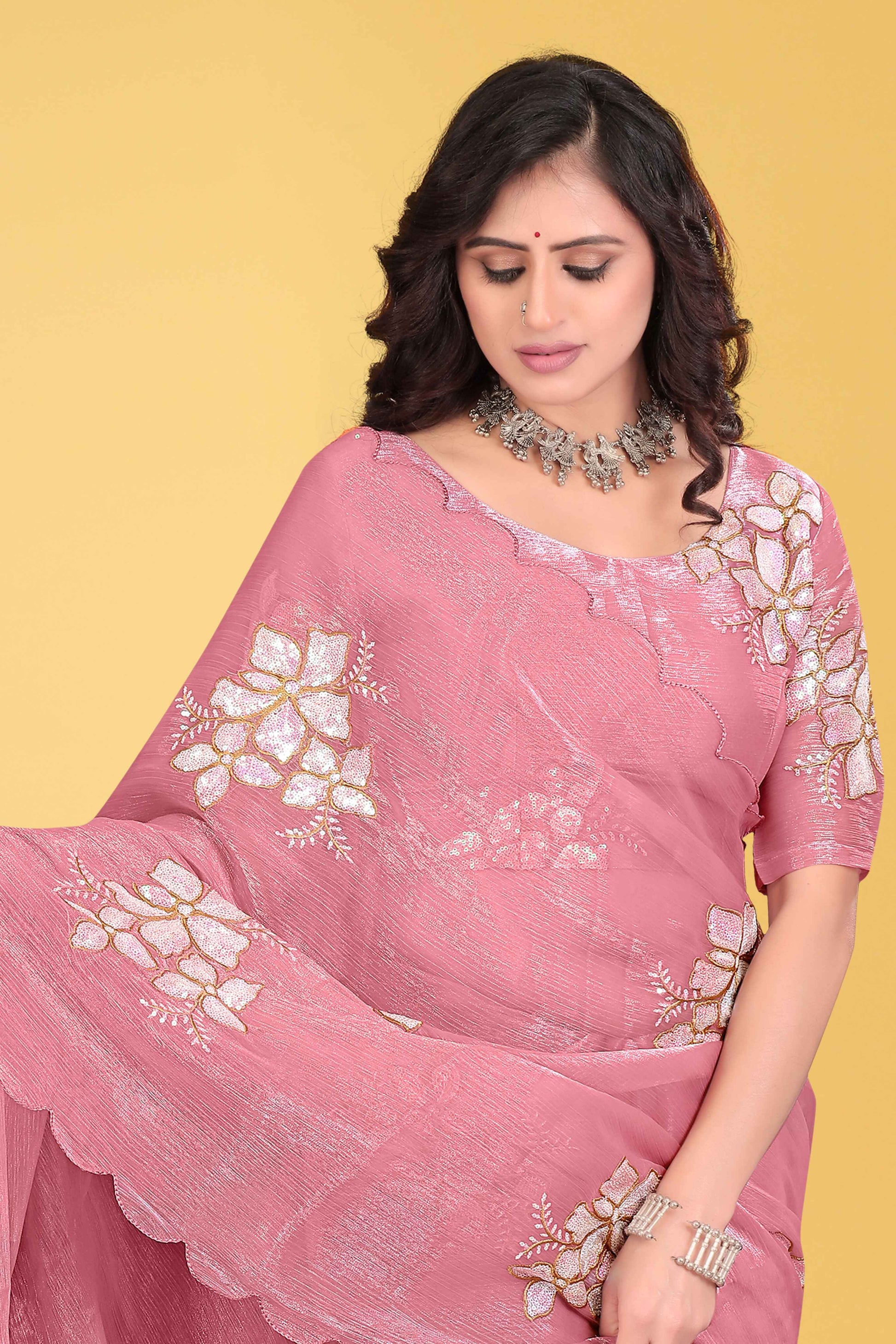 G-Georgette Saree with Floral Embroidery and Scalloped Border
