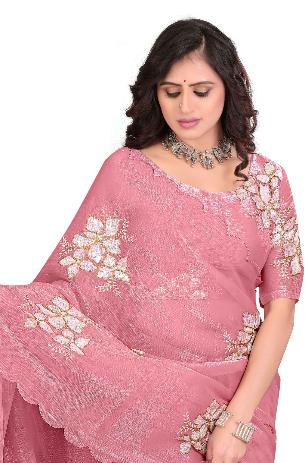Georgette Saree with Floral Embroidery and Scalloped Border - Light Pink