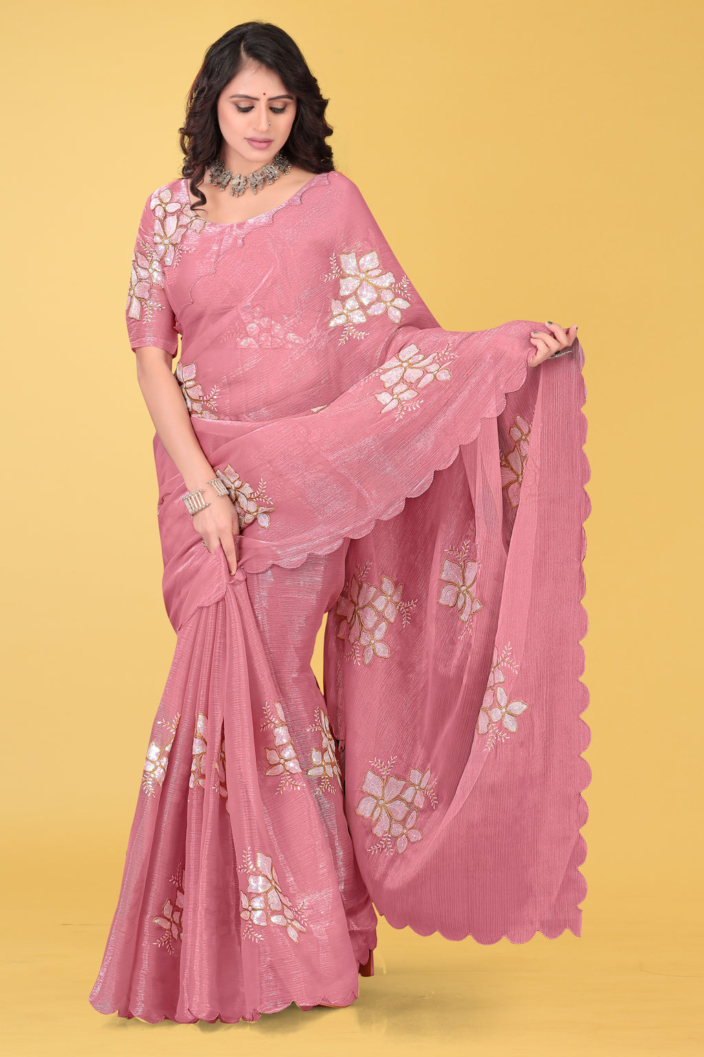 Elegant Flower Embroidered Saree with Unstitched Blouse – Avirat Designer Studio