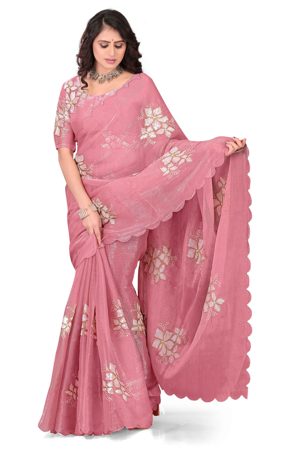Georgette Saree with Floral Embroidery and Scalloped Border - Light Pink