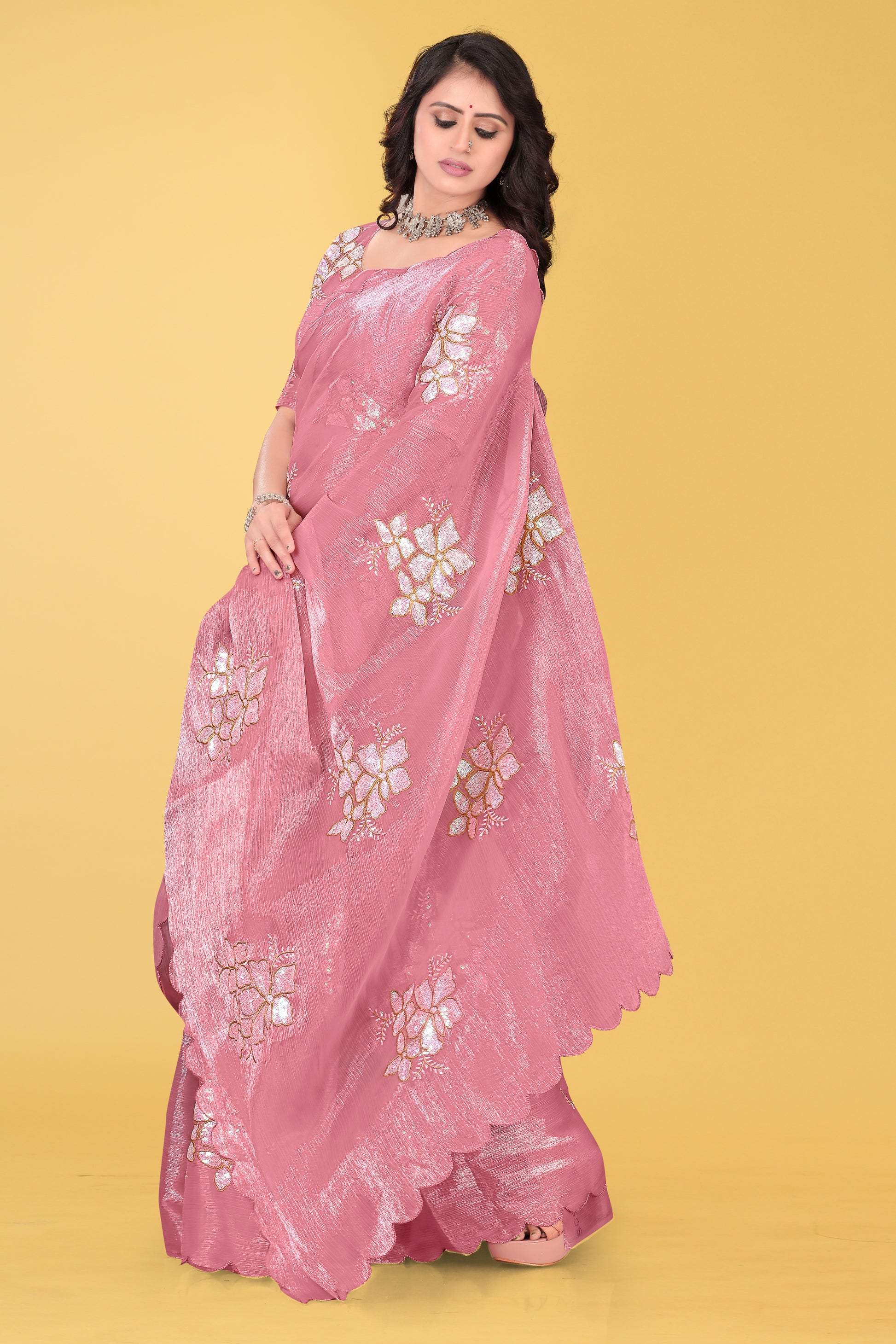 Elegant Flower Embroidered Saree with Unstitched Blouse – Avirat Designer Studio