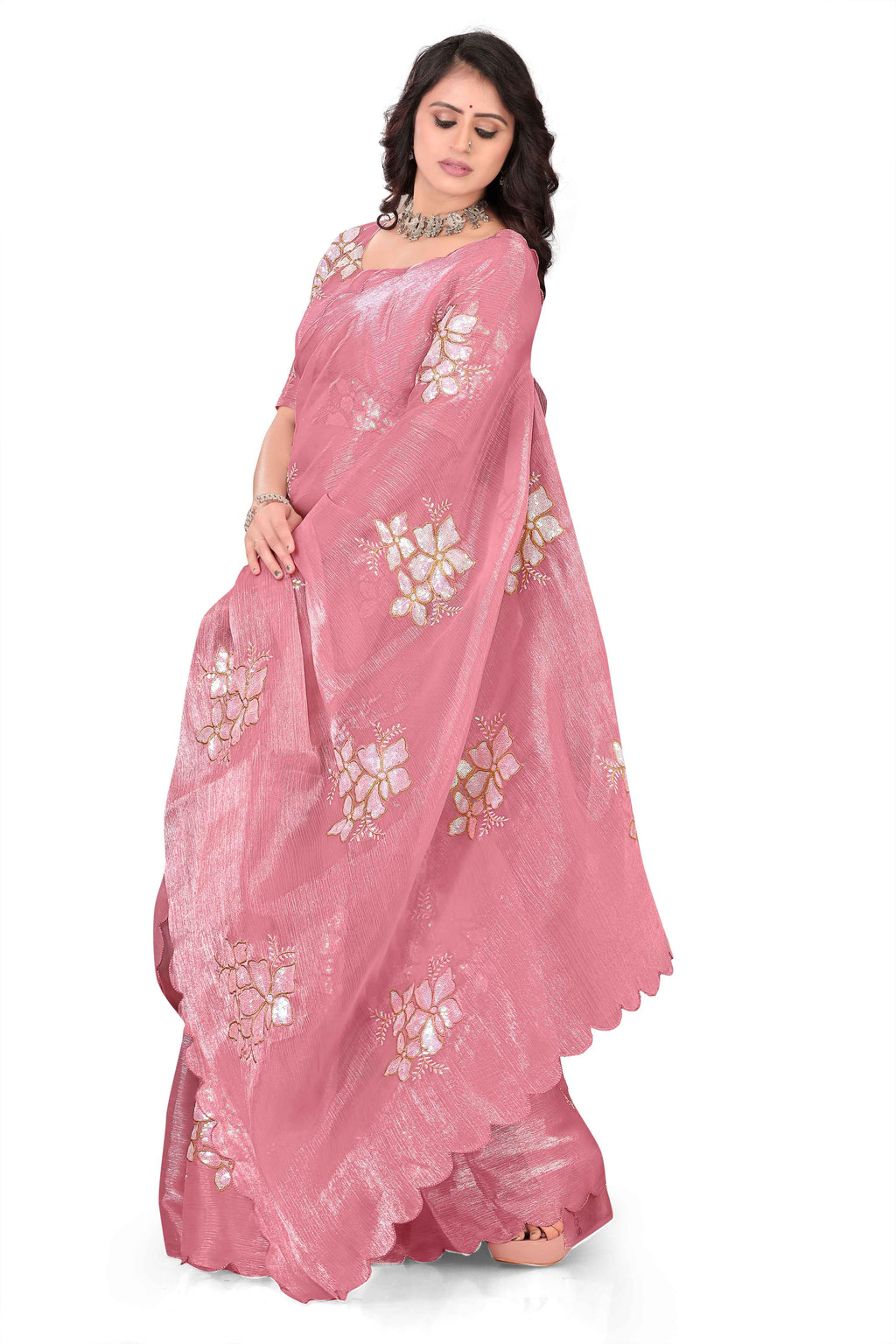 Georgette Saree with Floral Embroidery and Scalloped Border - Light Pink