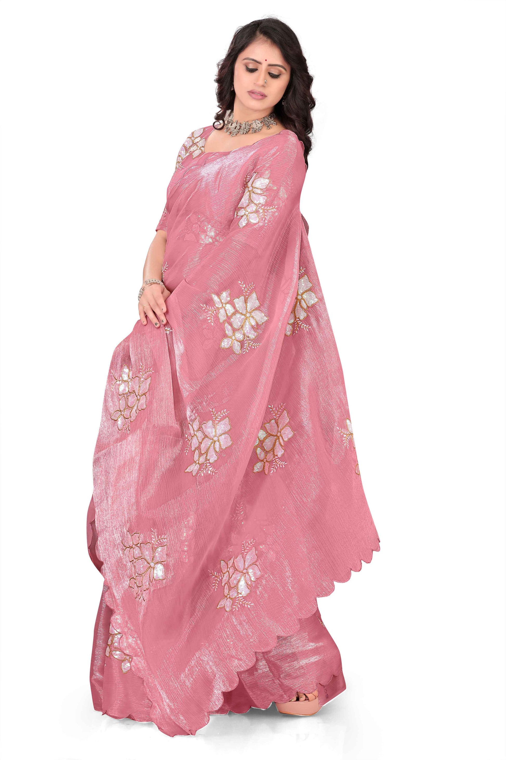 Georgette Saree with Floral Embroidery and Scalloped Border - Light Pink
