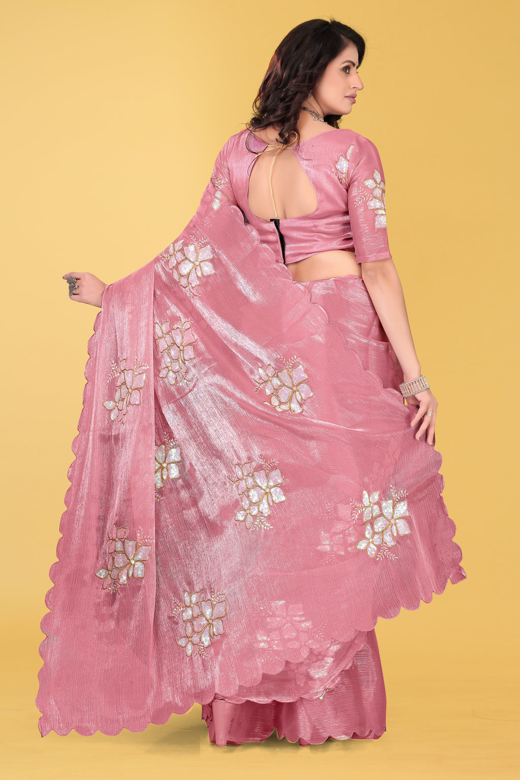 Elegant Flower Embroidered Saree with Unstitched Blouse – Avirat Designer Studio