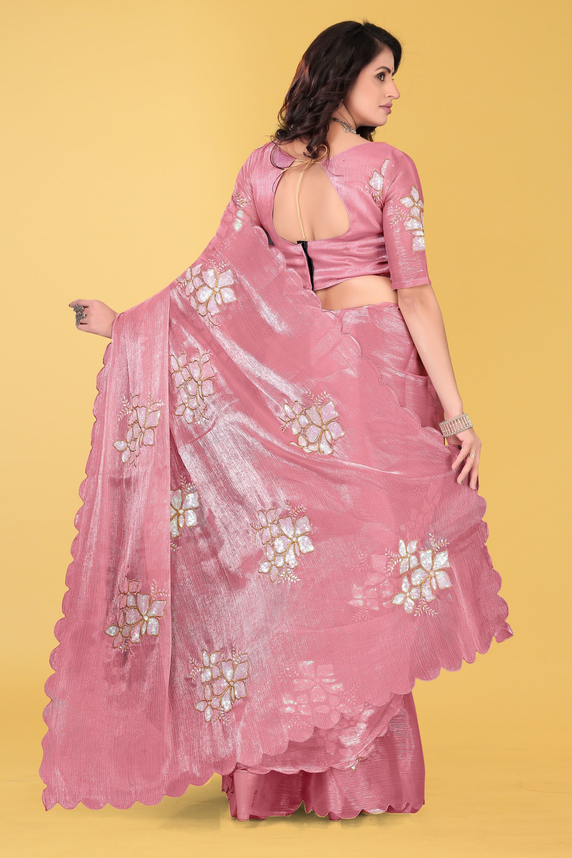 Elegant Flower Embroidered Saree with Unstitched Blouse – Avirat Designer Studio