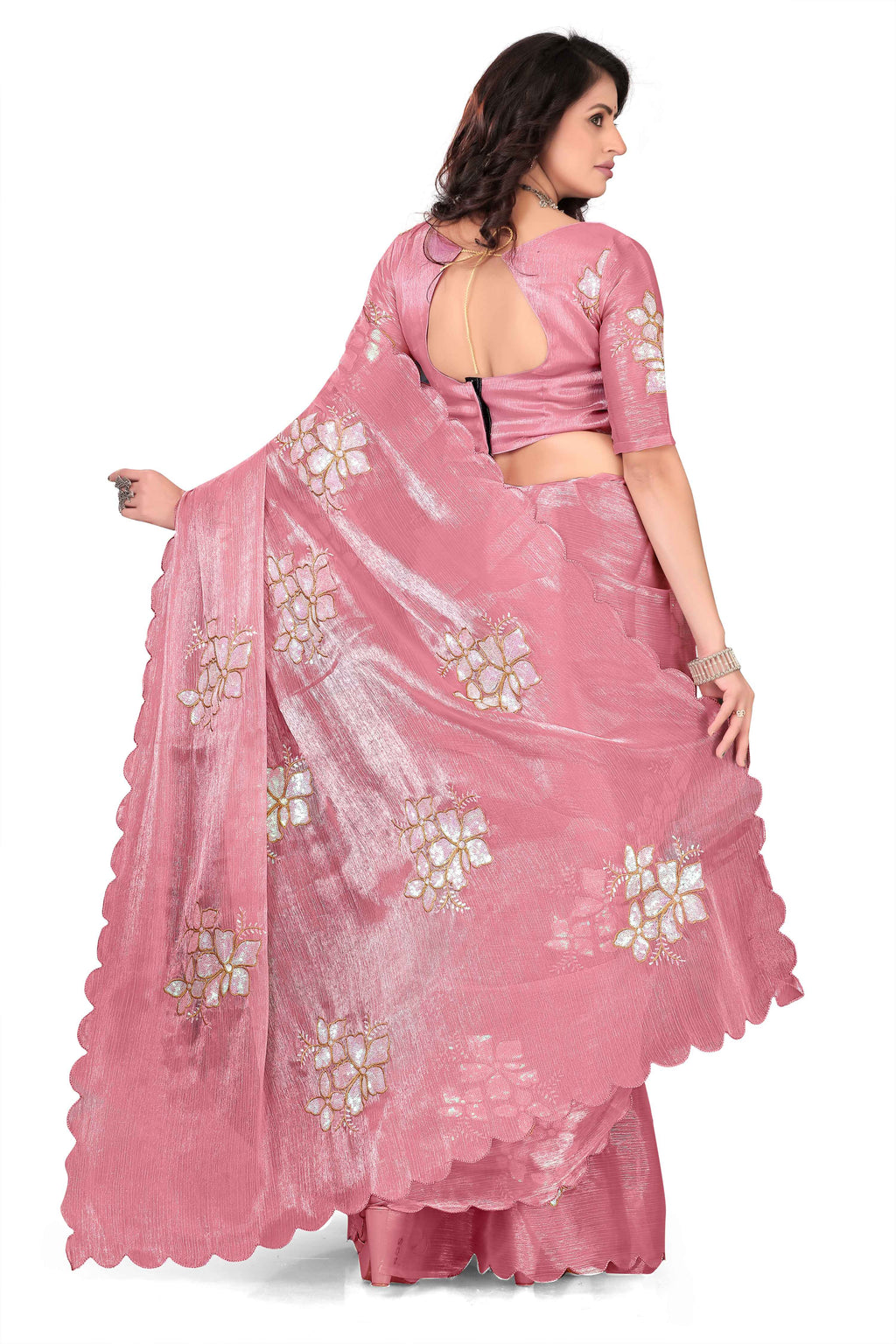 Georgette Saree with Floral Embroidery and Scalloped Border - Light Pink