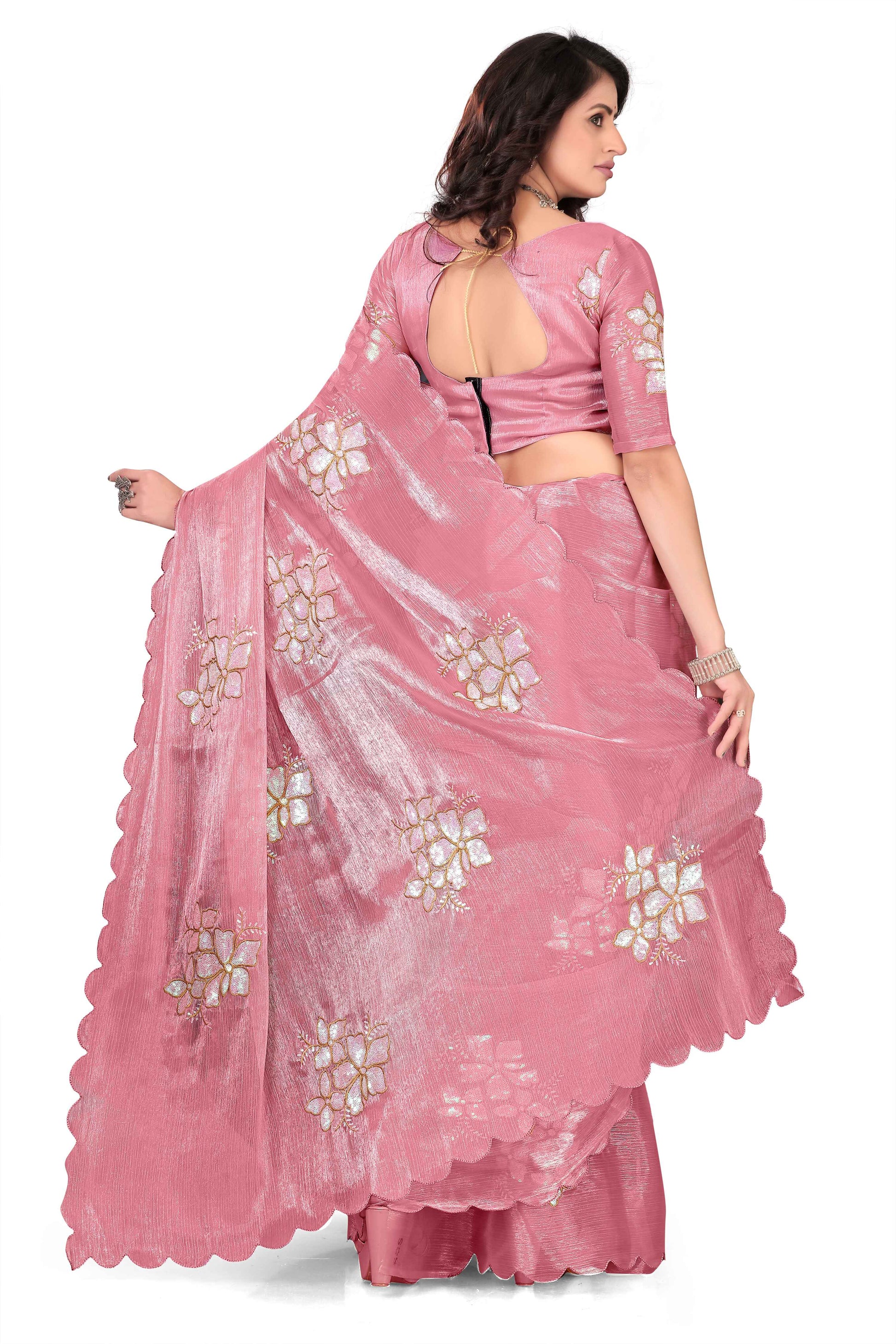 Georgette Saree with Floral Embroidery and Scalloped Border - Light Pink