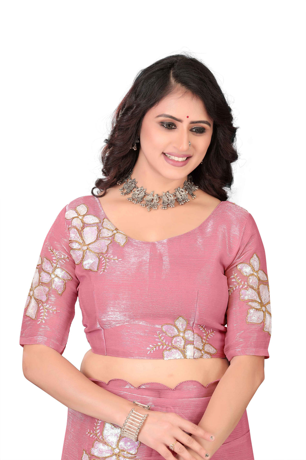 Georgette Saree with Floral Embroidery and Scalloped Border - Light Pink