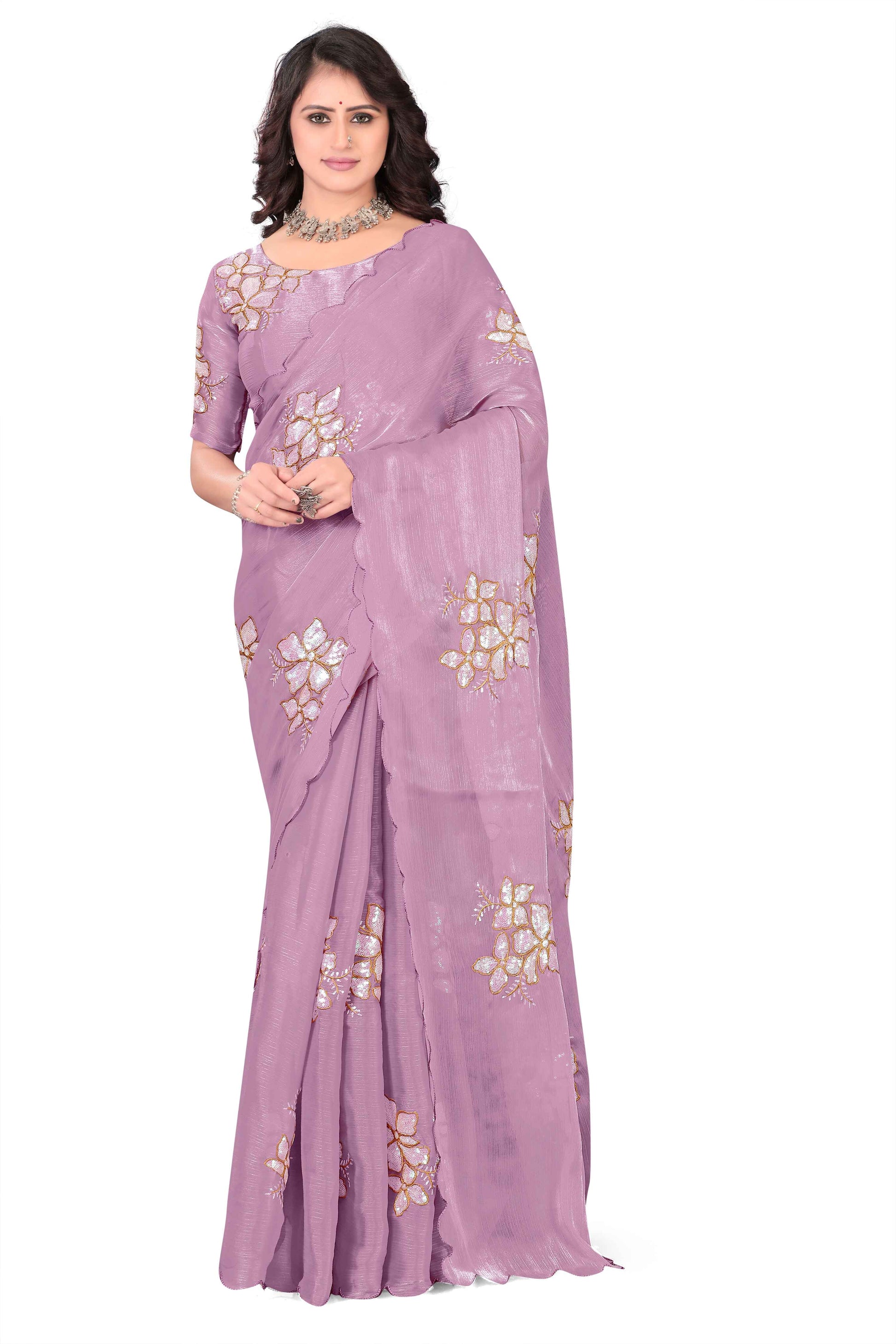 Georgette Saree with Floral Embroidery and Scalloped Border - Light Purple