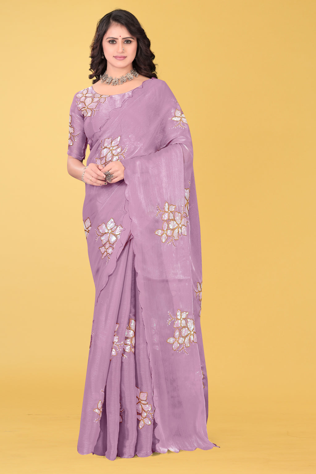 Elegant Flower Embroidered Saree with Unstitched Blouse – Avirat Designer Studio