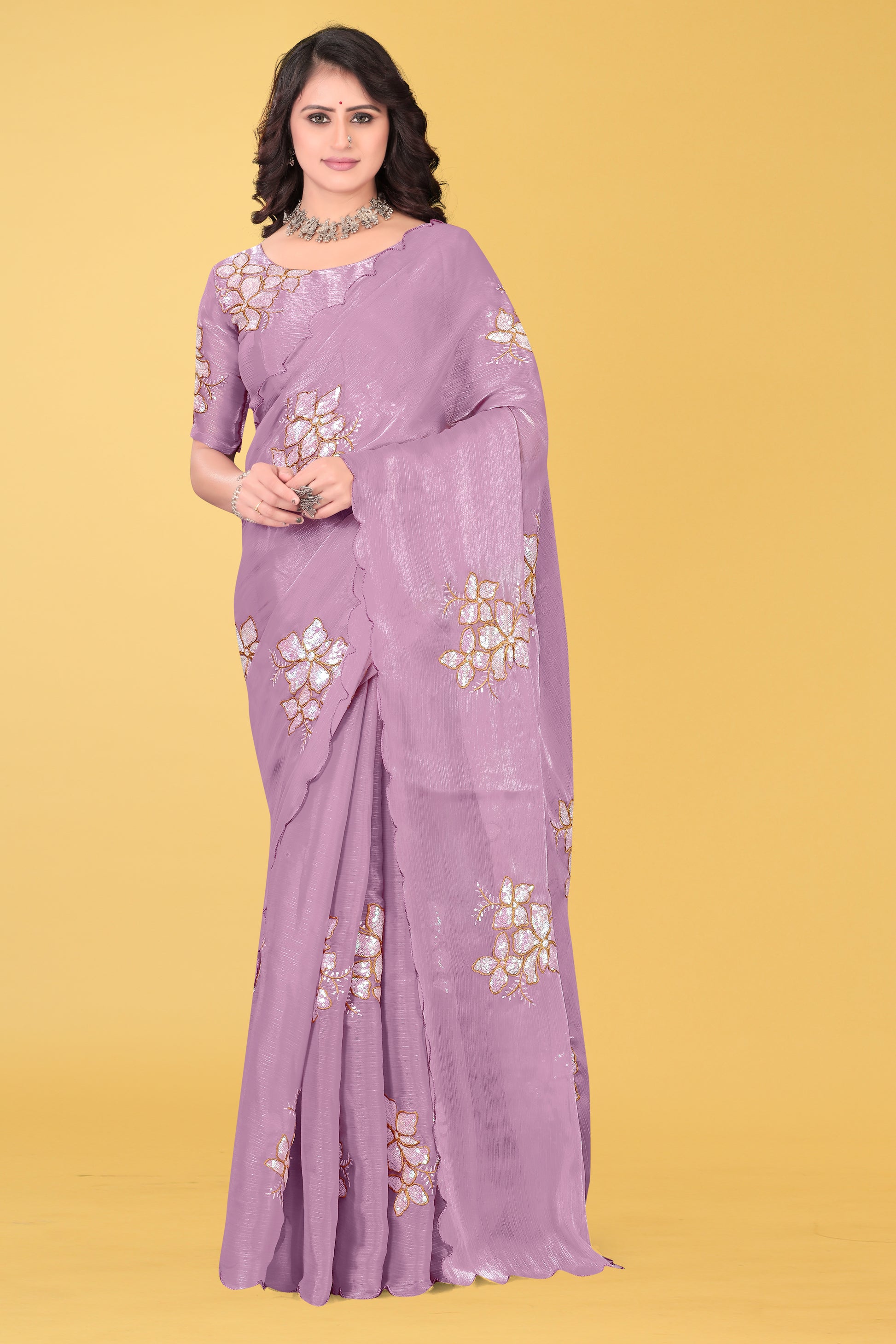 Elegant Flower Embroidered Saree with Unstitched Blouse – Avirat Designer Studio