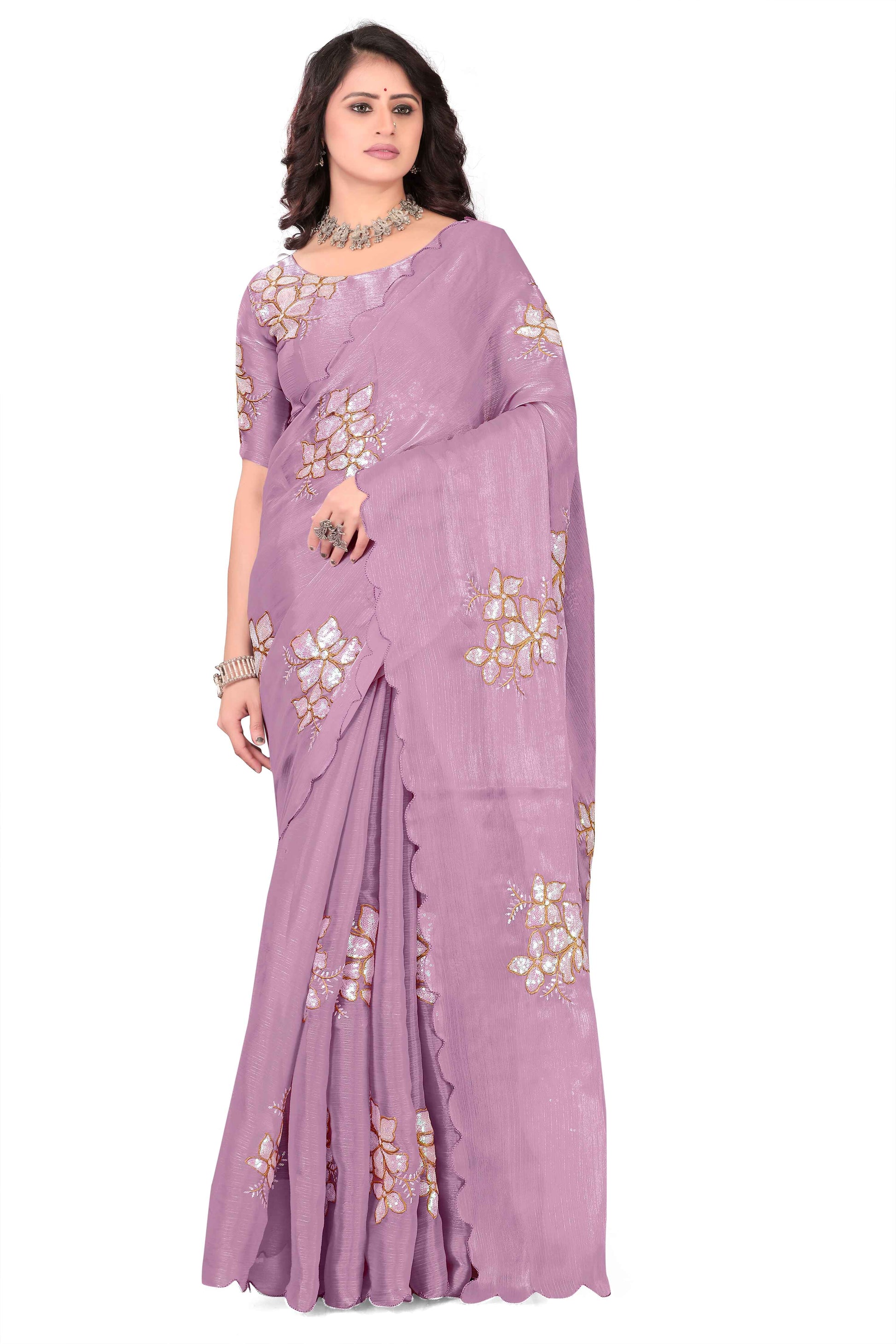 Georgette Saree with Floral Embroidery and Scalloped Border - Light Purple