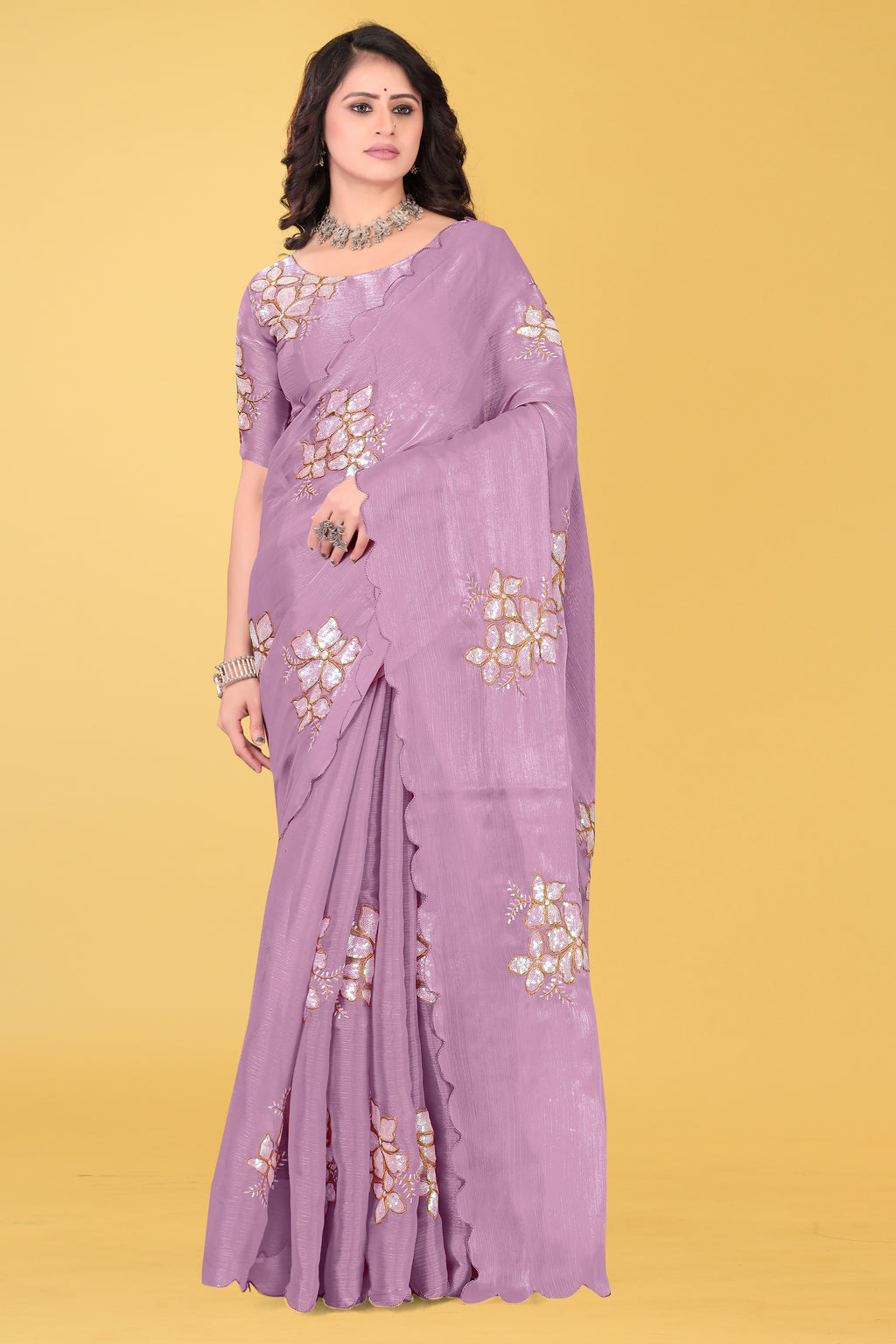 Elegant Flower Embroidered Saree with Unstitched Blouse – Avirat Designer Studio